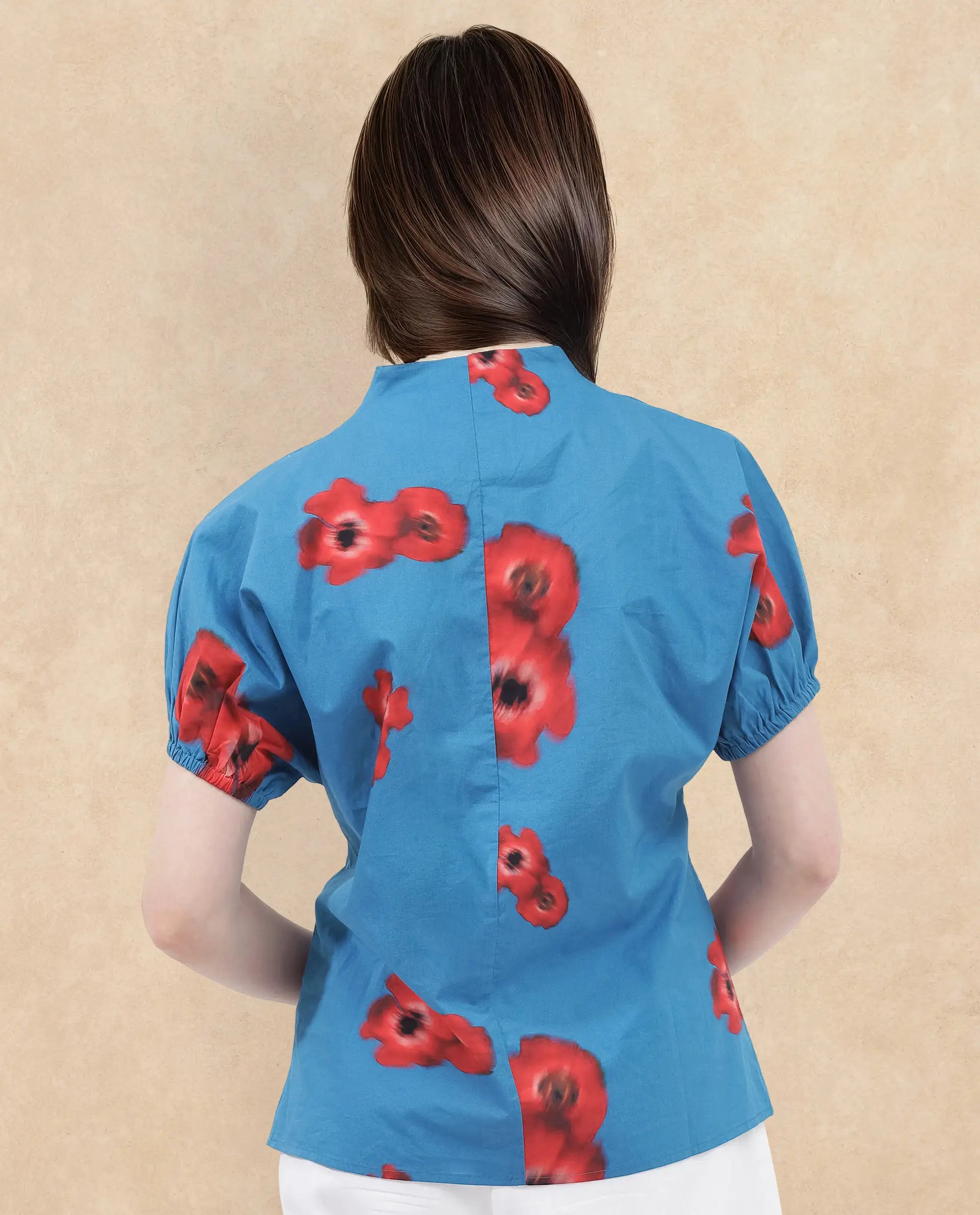 Rareism Women Archies-SC Blue Cotton Fabric Short Sleeves V-Neck Floral Print Regular Fit Top