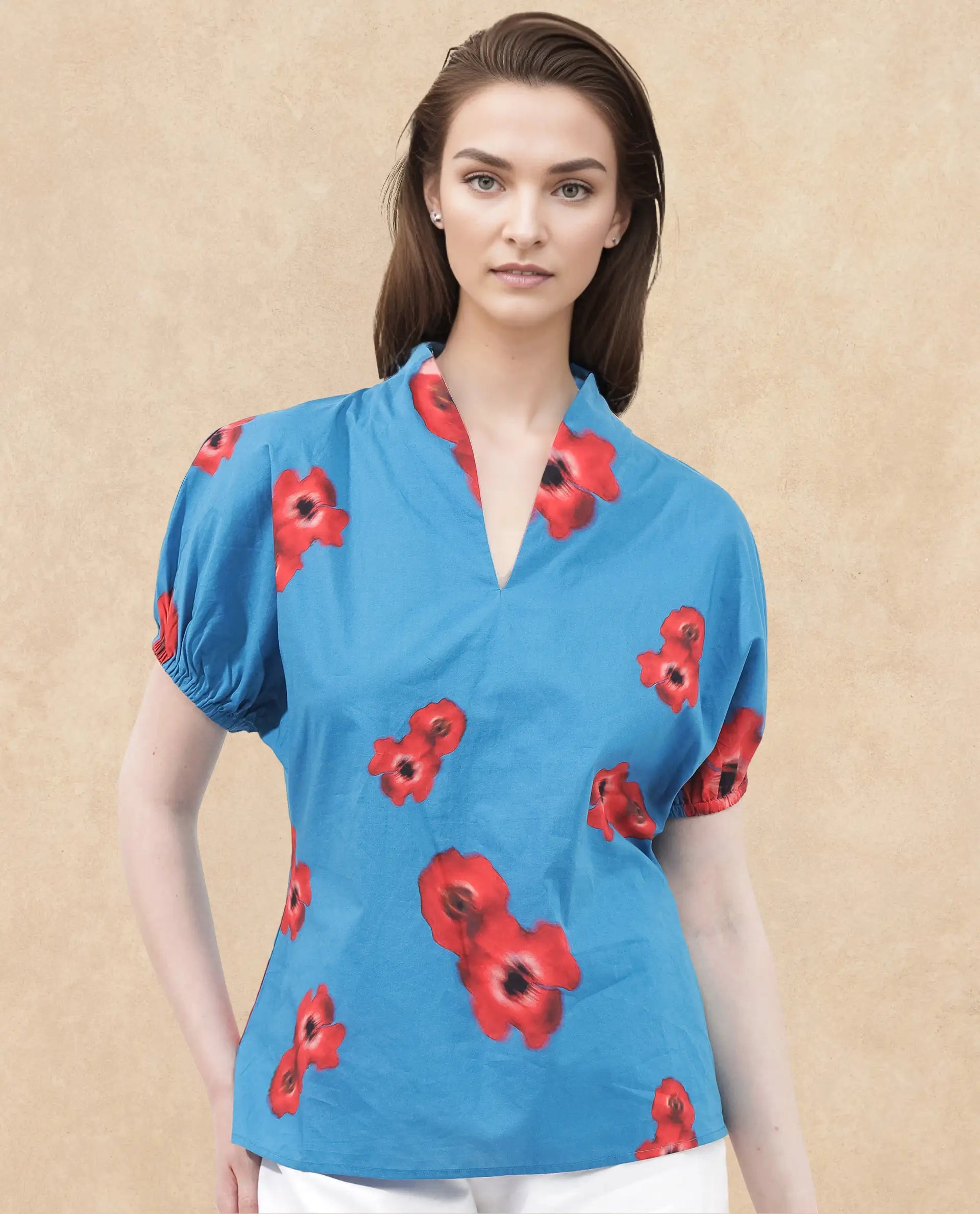 Rareism Women Archies-SC Blue Cotton Fabric Short Sleeves V-Neck Floral Print Regular Fit Top