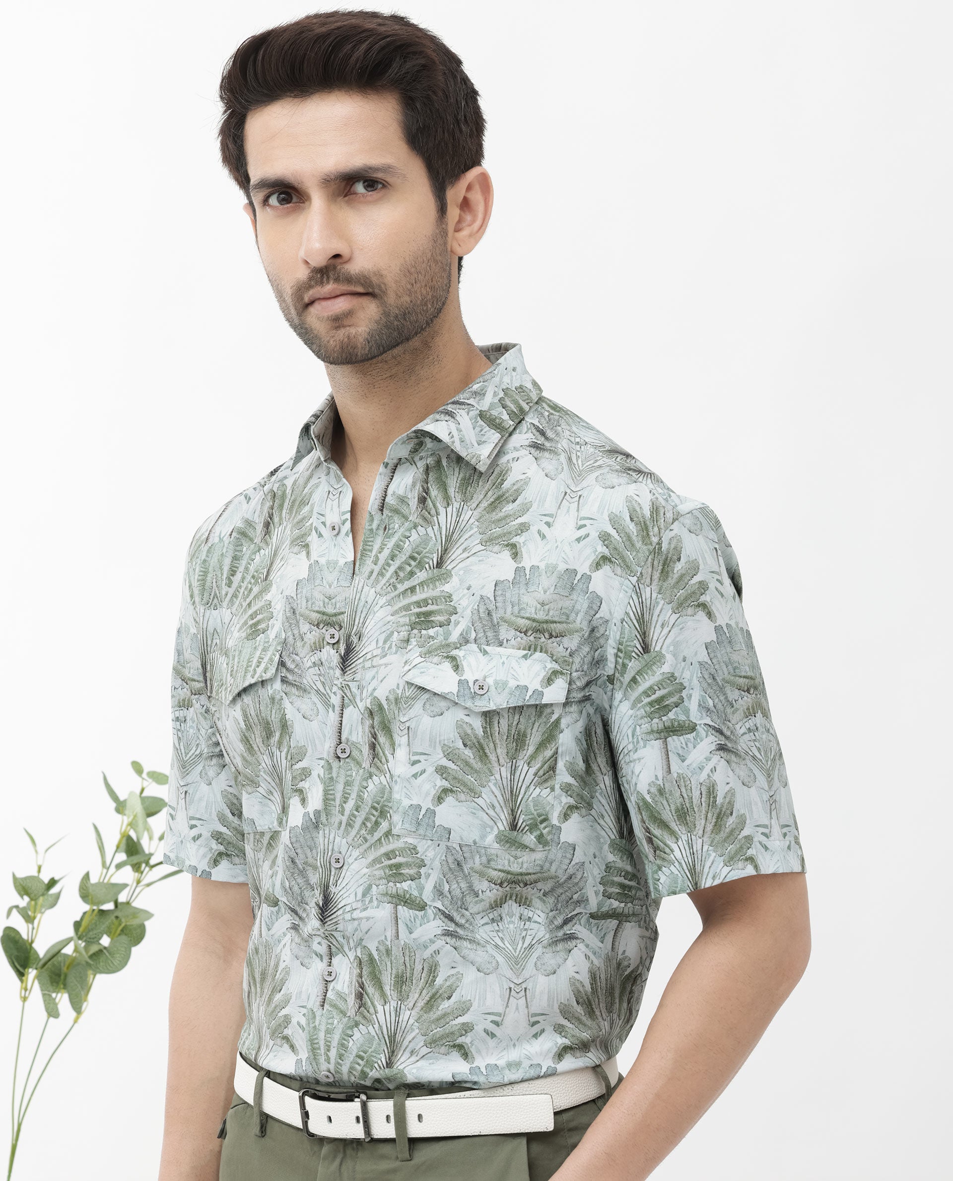 Rare Rabbit Mens Areno Light Green Viscose Fabric Short Sleeve Boxy Fit Tropical Print Shirt
