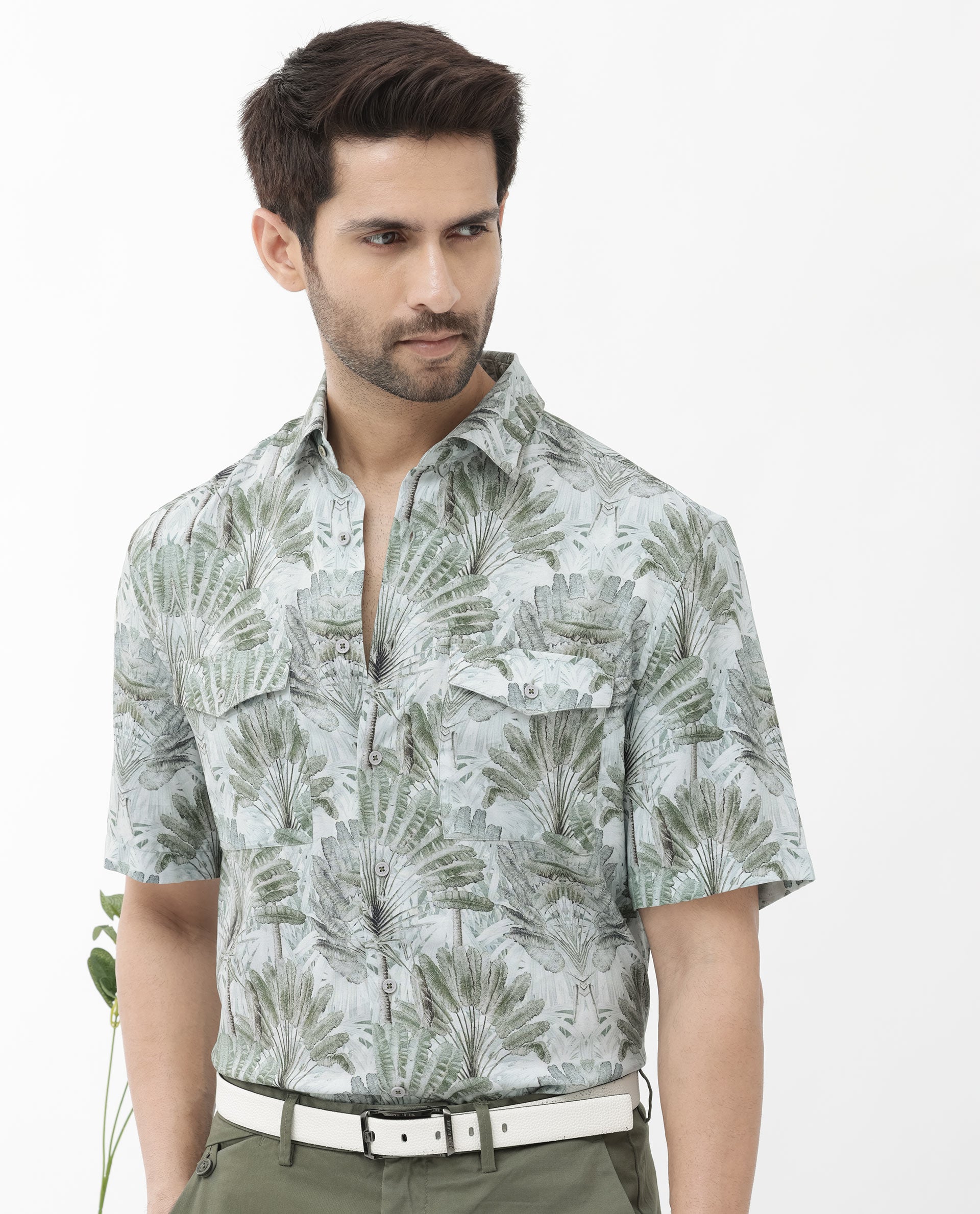 Rare Rabbit Mens Areno Light Green Viscose Fabric Short Sleeve Boxy Fit Tropical Print Shirt