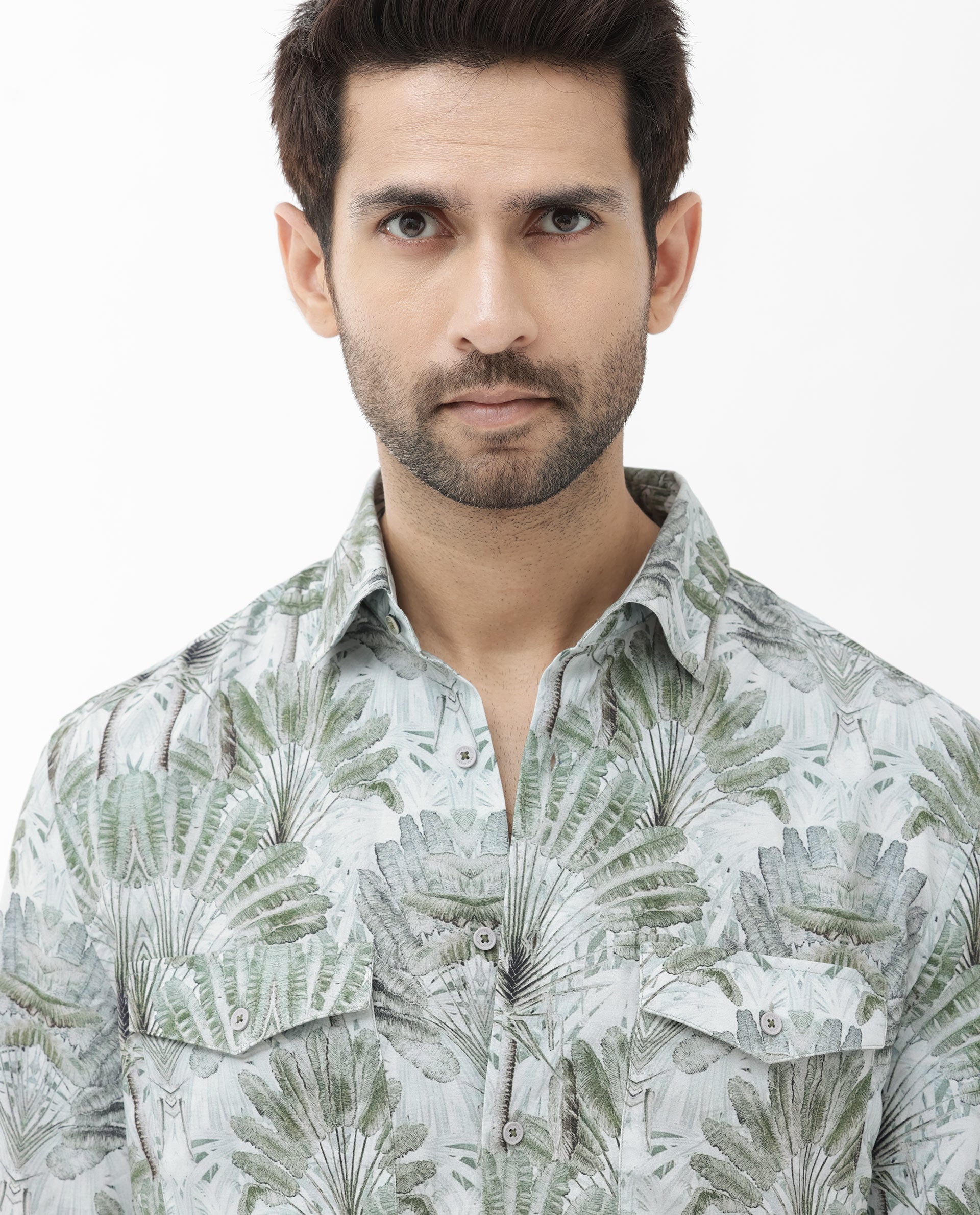 Rare Rabbit Mens Areno Light Green Viscose Fabric Short Sleeve Boxy Fit Tropical Print Shirt