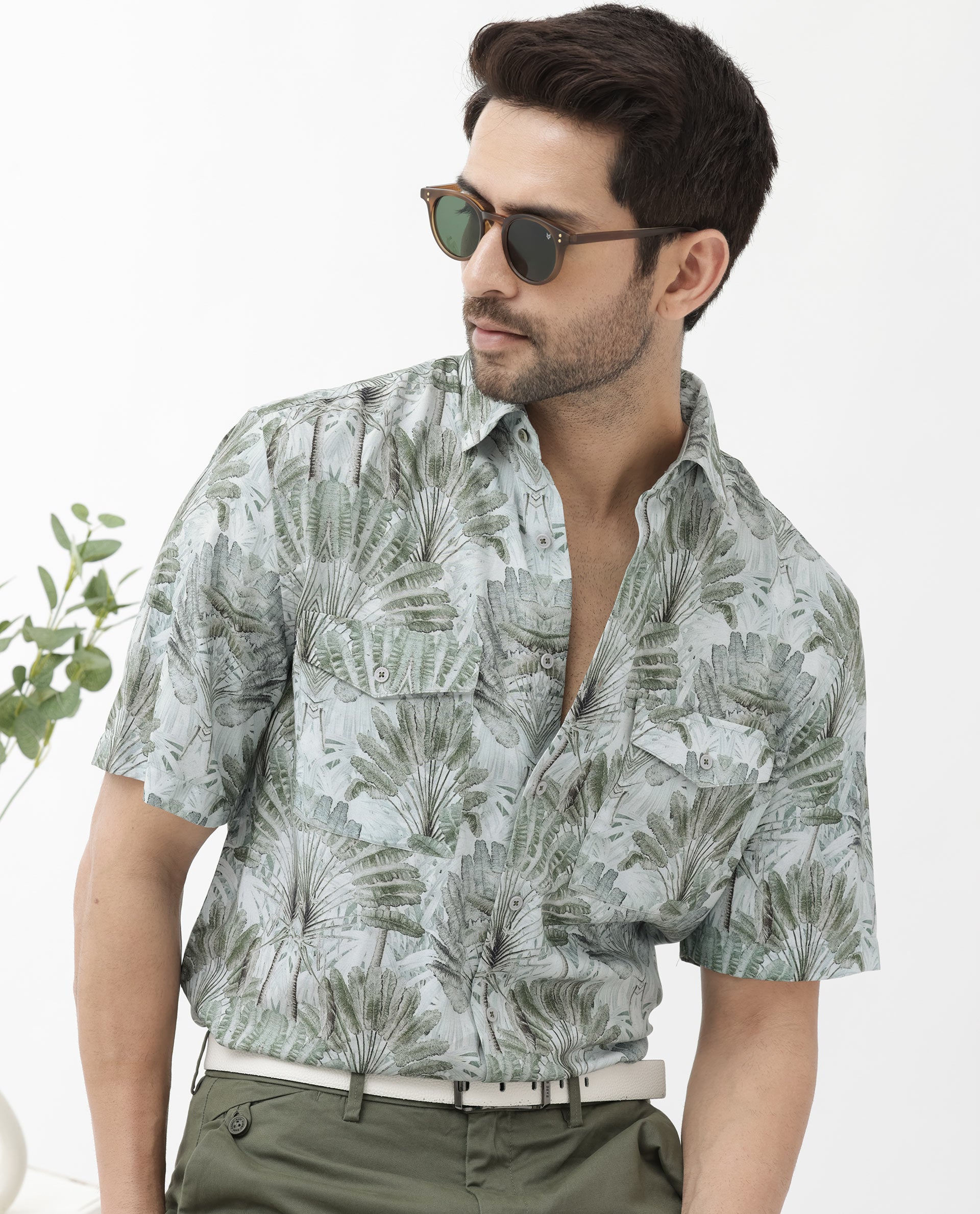 Rare Rabbit Mens Areno Light Green Viscose Fabric Short Sleeve Boxy Fit Tropical Print Shirt