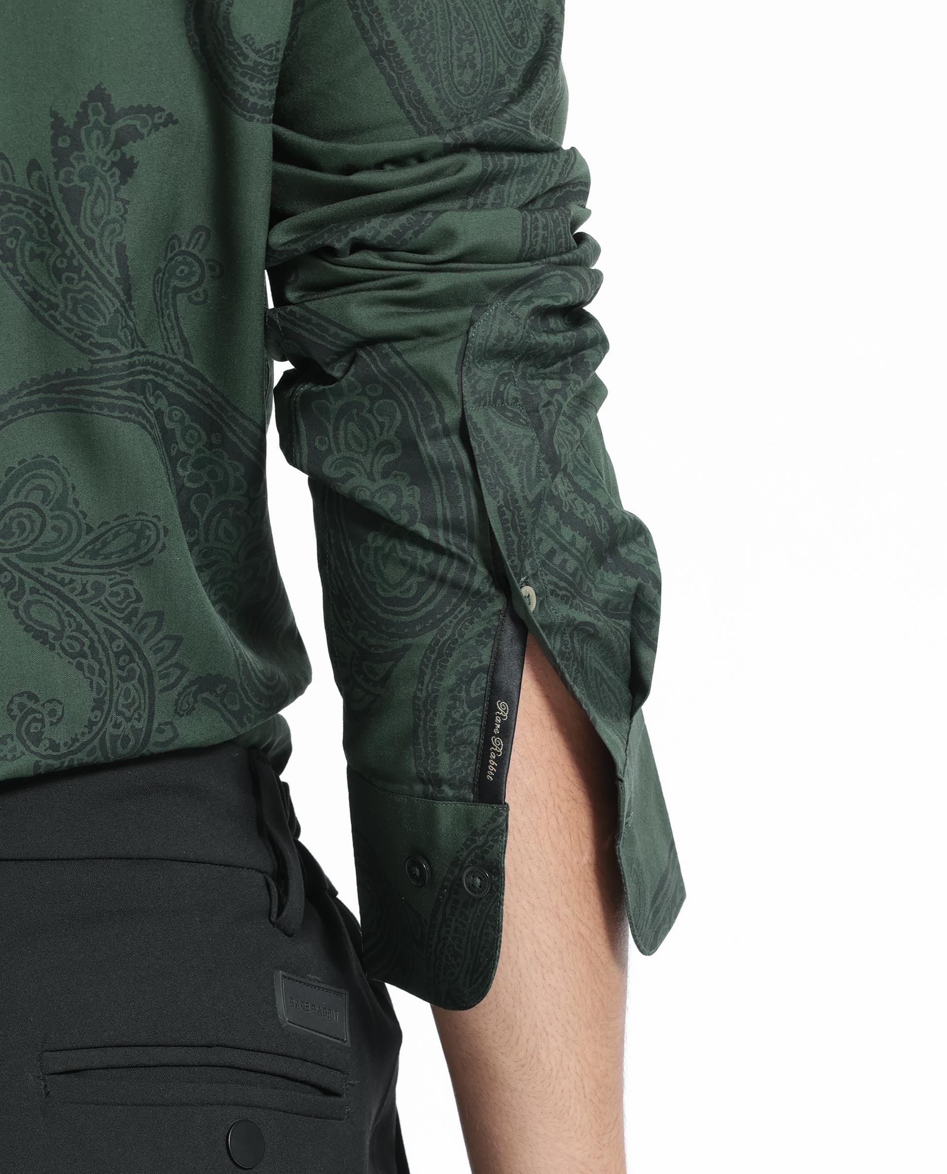 Rare Rabbit Men's Ares Green Viscose Fabric Paisley Print Full Sleeves Shirt