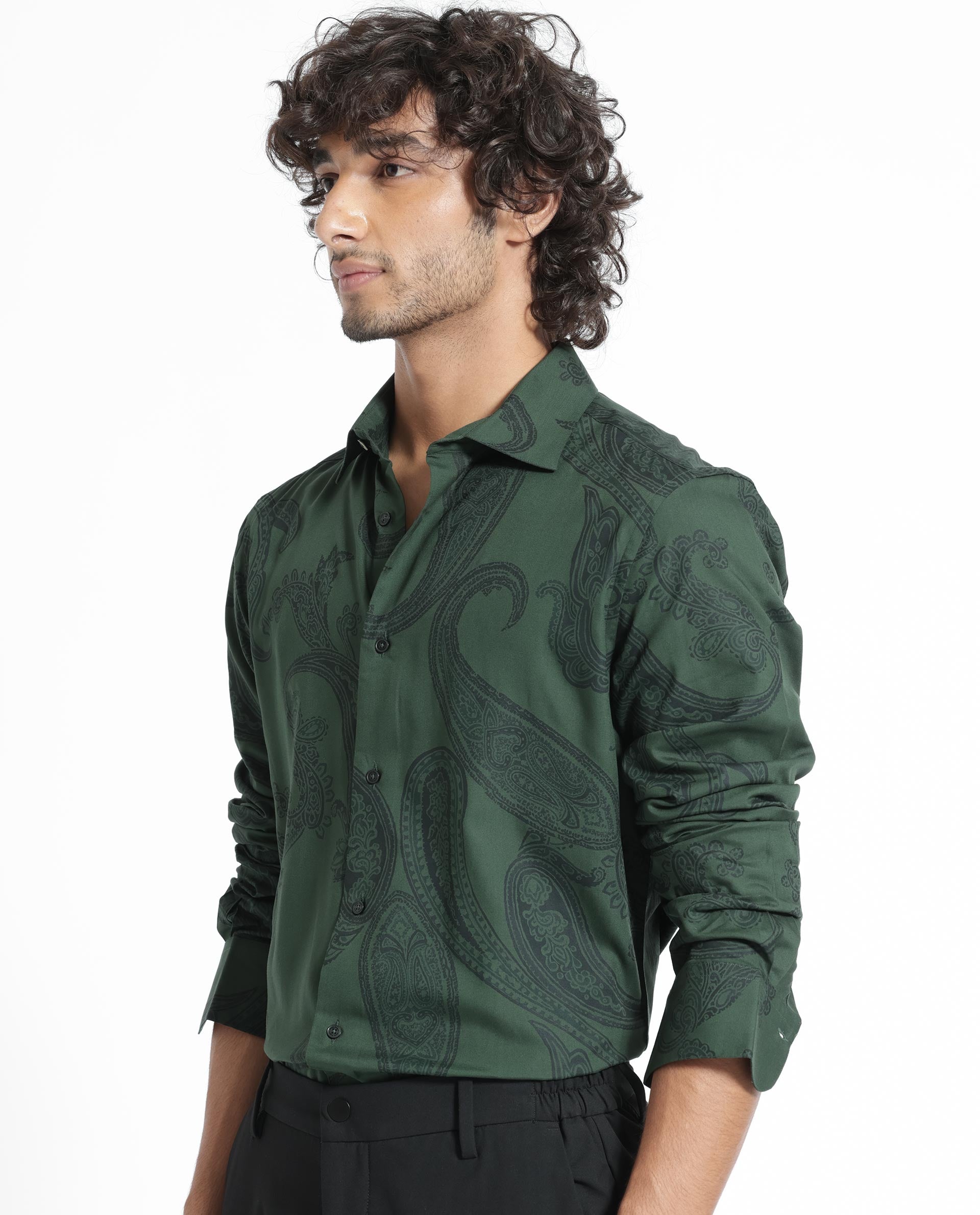 Rare Rabbit Men's Ares Green Viscose Fabric Paisley Print Full Sleeves Shirt