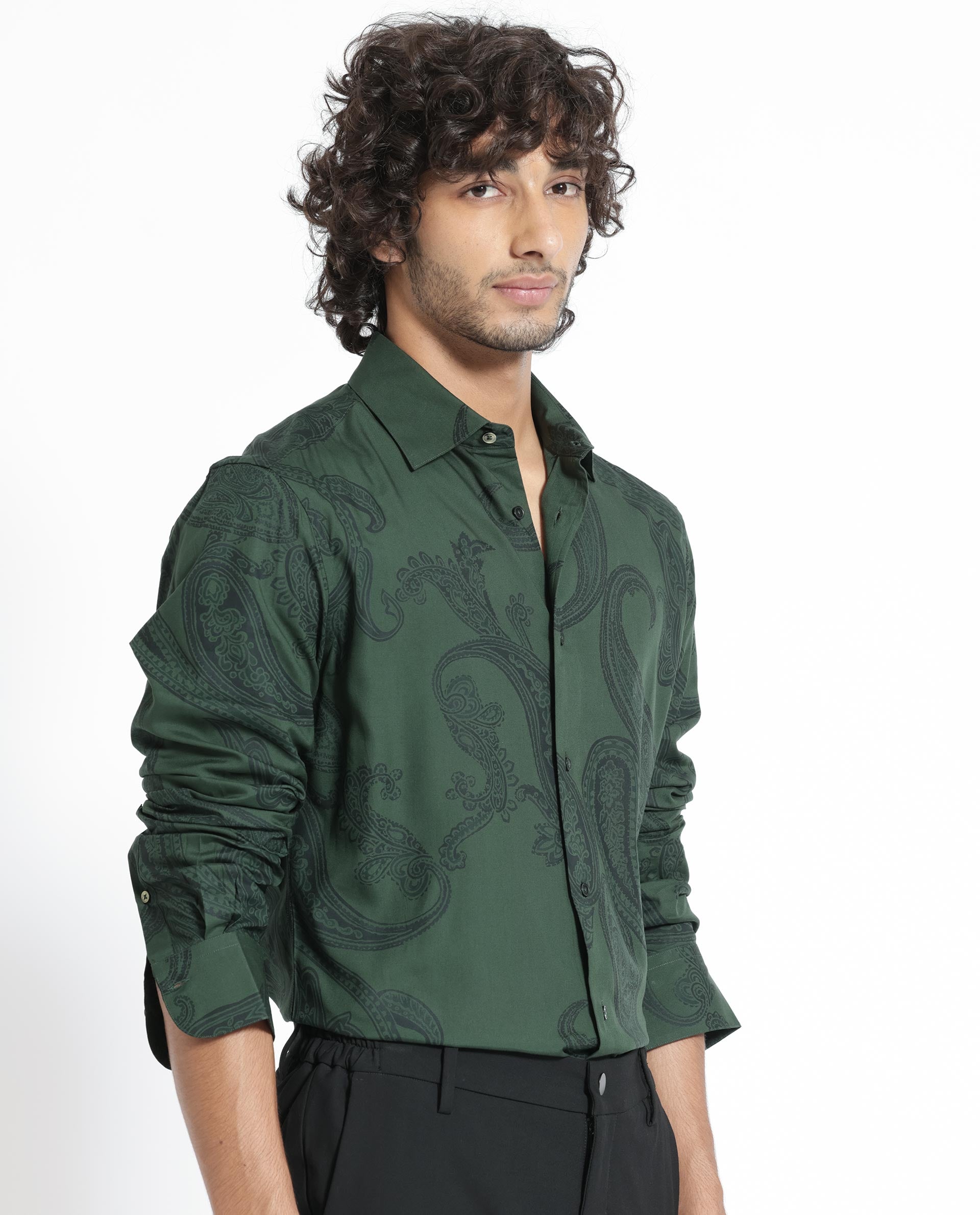 Rare Rabbit Men's Ares Green Viscose Fabric Paisley Print Full Sleeves Shirt