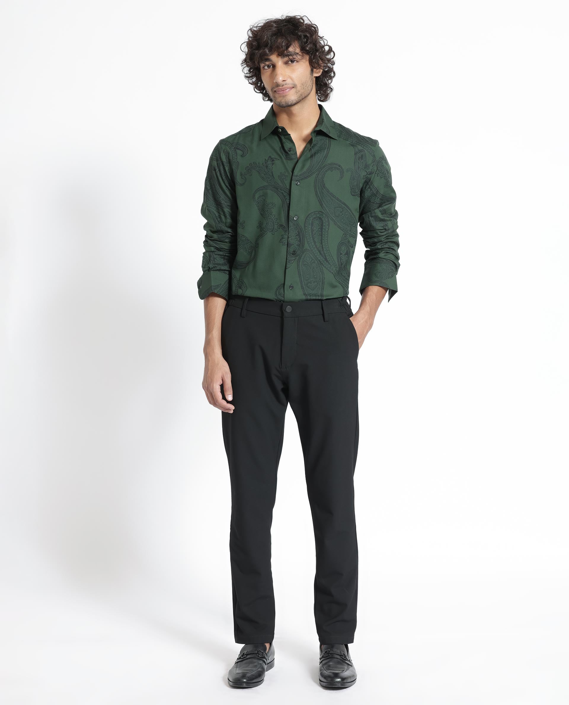 Rare Rabbit Men's Ares Green Viscose Fabric Paisley Print Full Sleeves Shirt