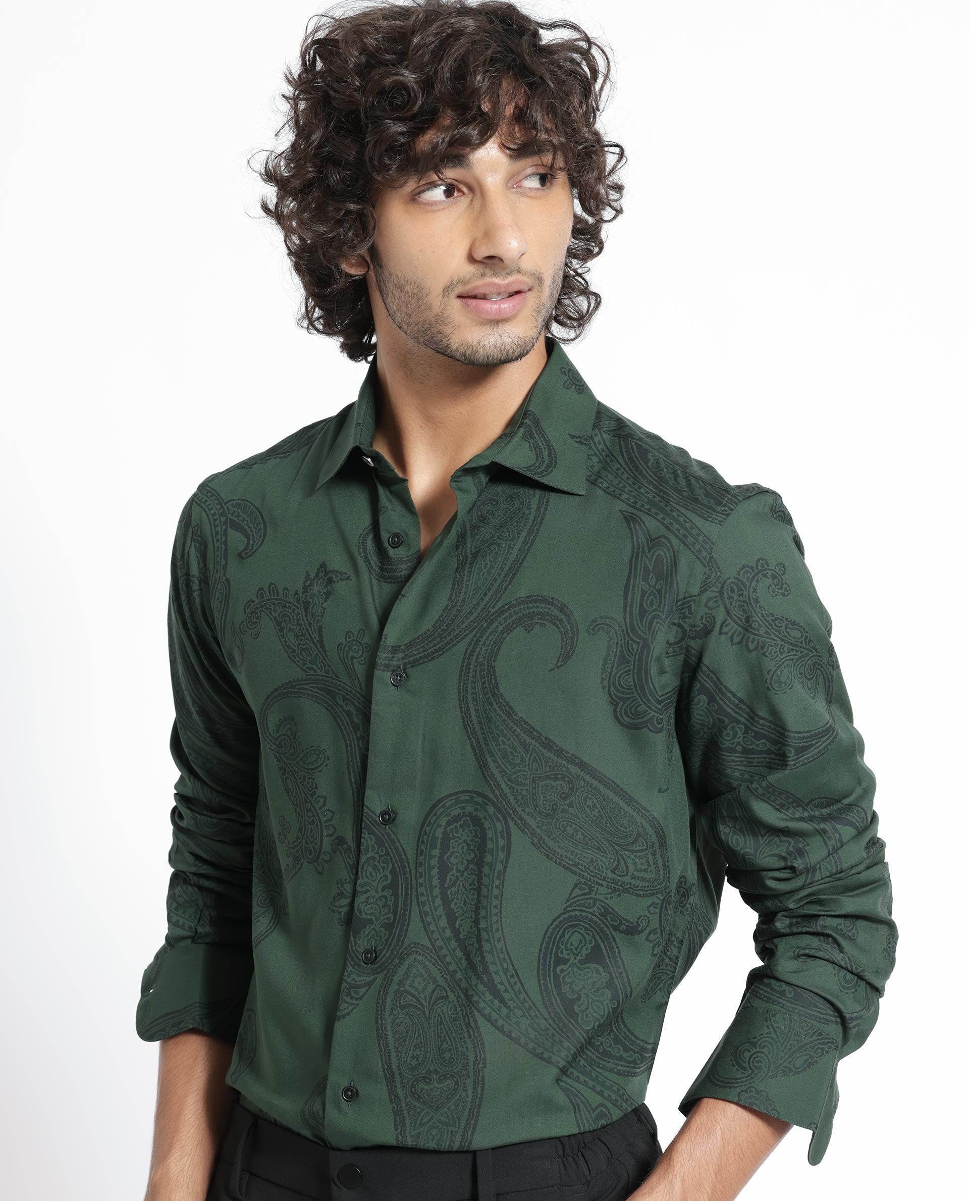Rare Rabbit Men's Ares Green Viscose Fabric Paisley Print Full Sleeves Shirt