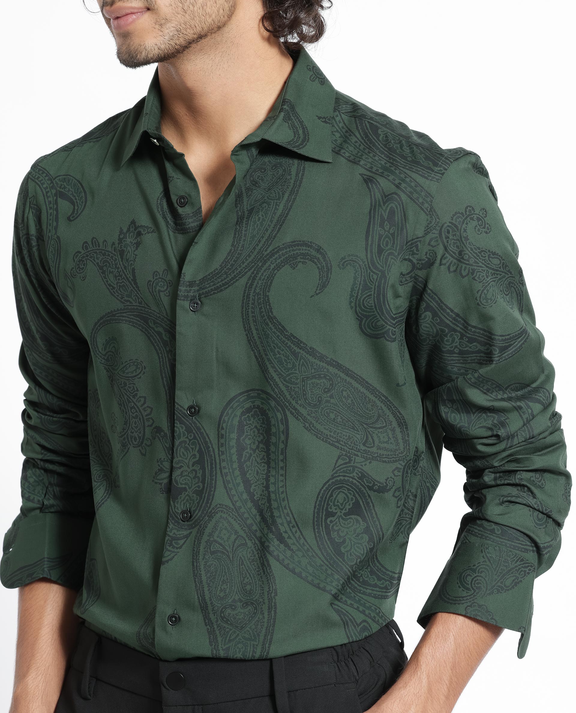 Rare Rabbit Men's Ares Green Viscose Fabric Paisley Print Full Sleeves Shirt