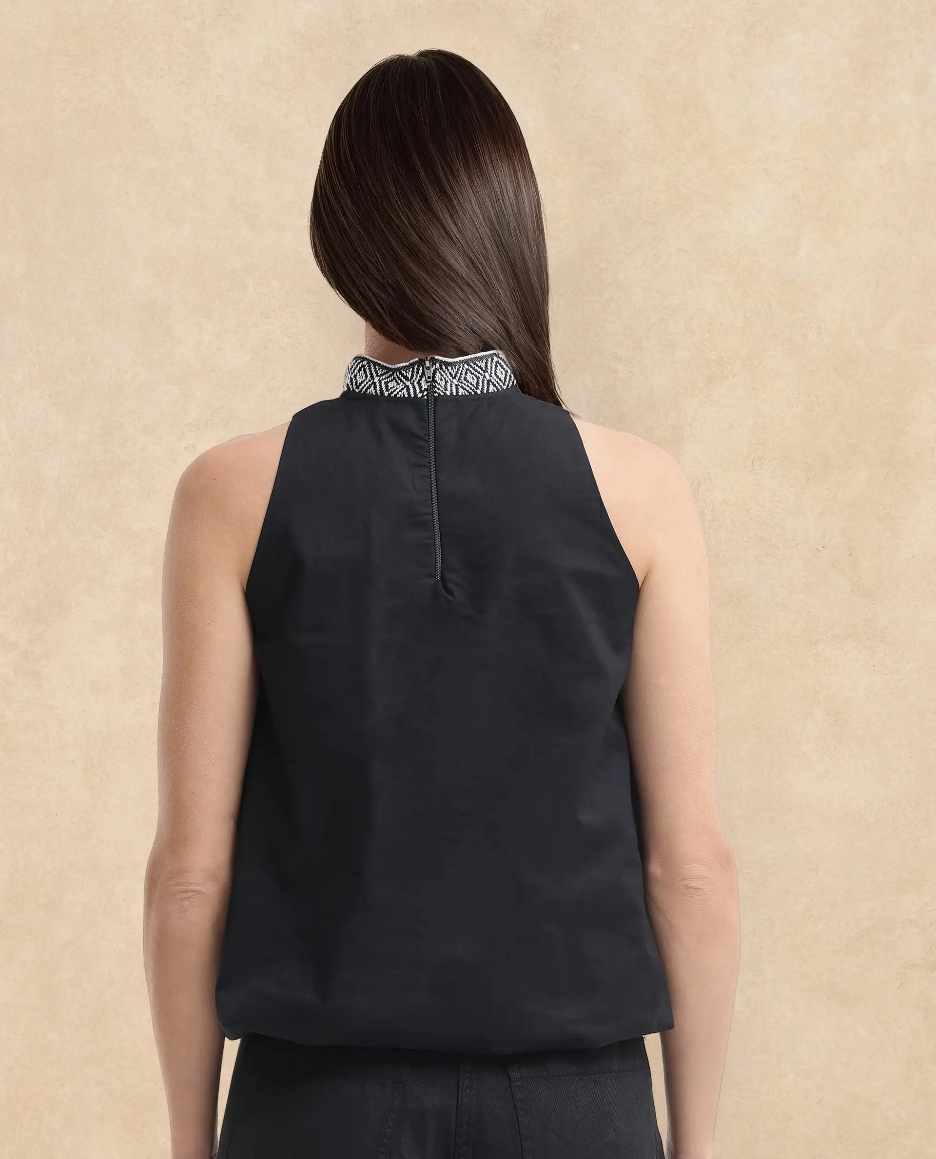 Rareism Women Arezzo-T Black Button Closure Sleeveless Mandarin Collar Balloon Fit Plain Top