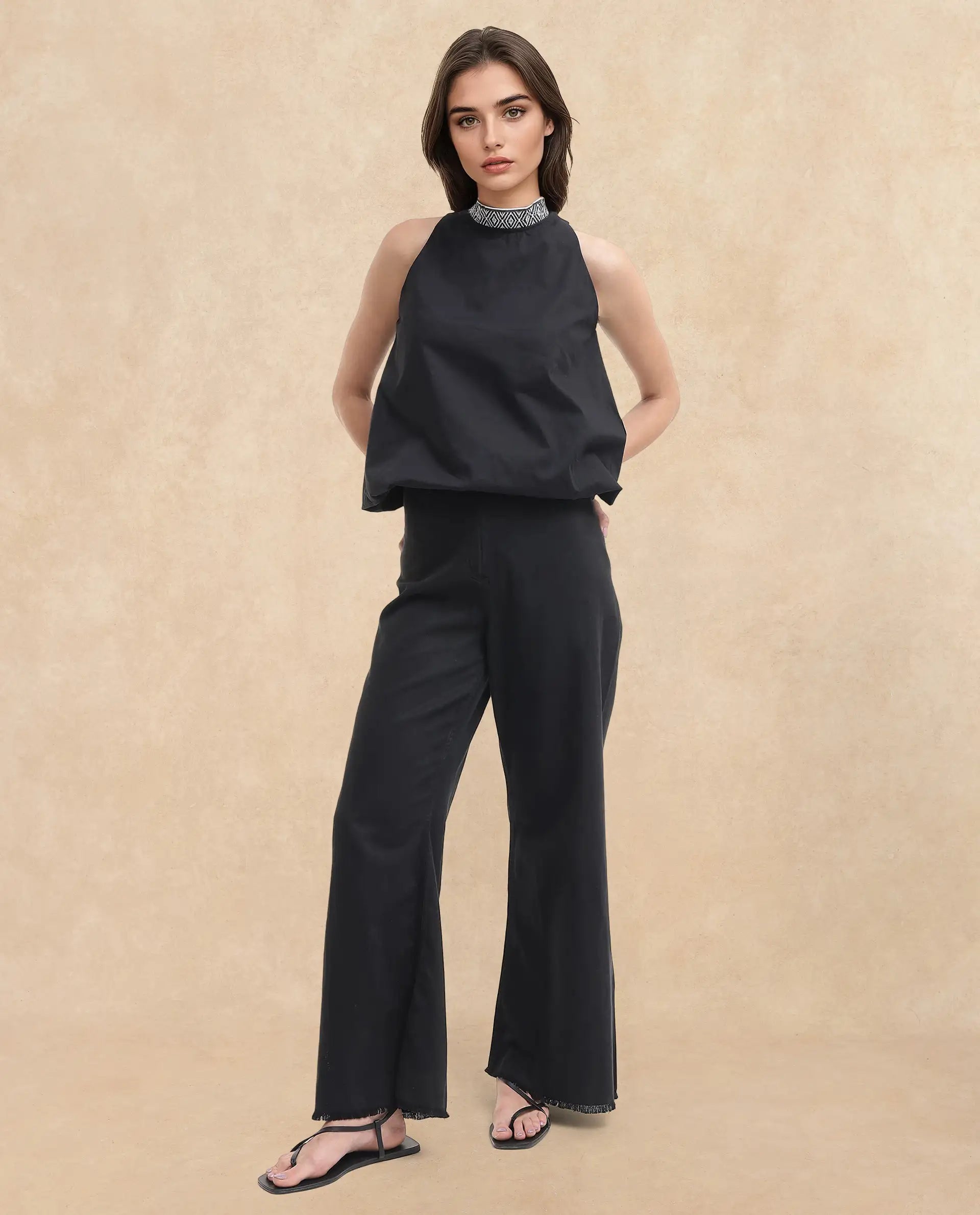 Rareism Women Arezzo-T Black Button Closure Sleeveless Mandarin Collar Balloon Fit Plain Top