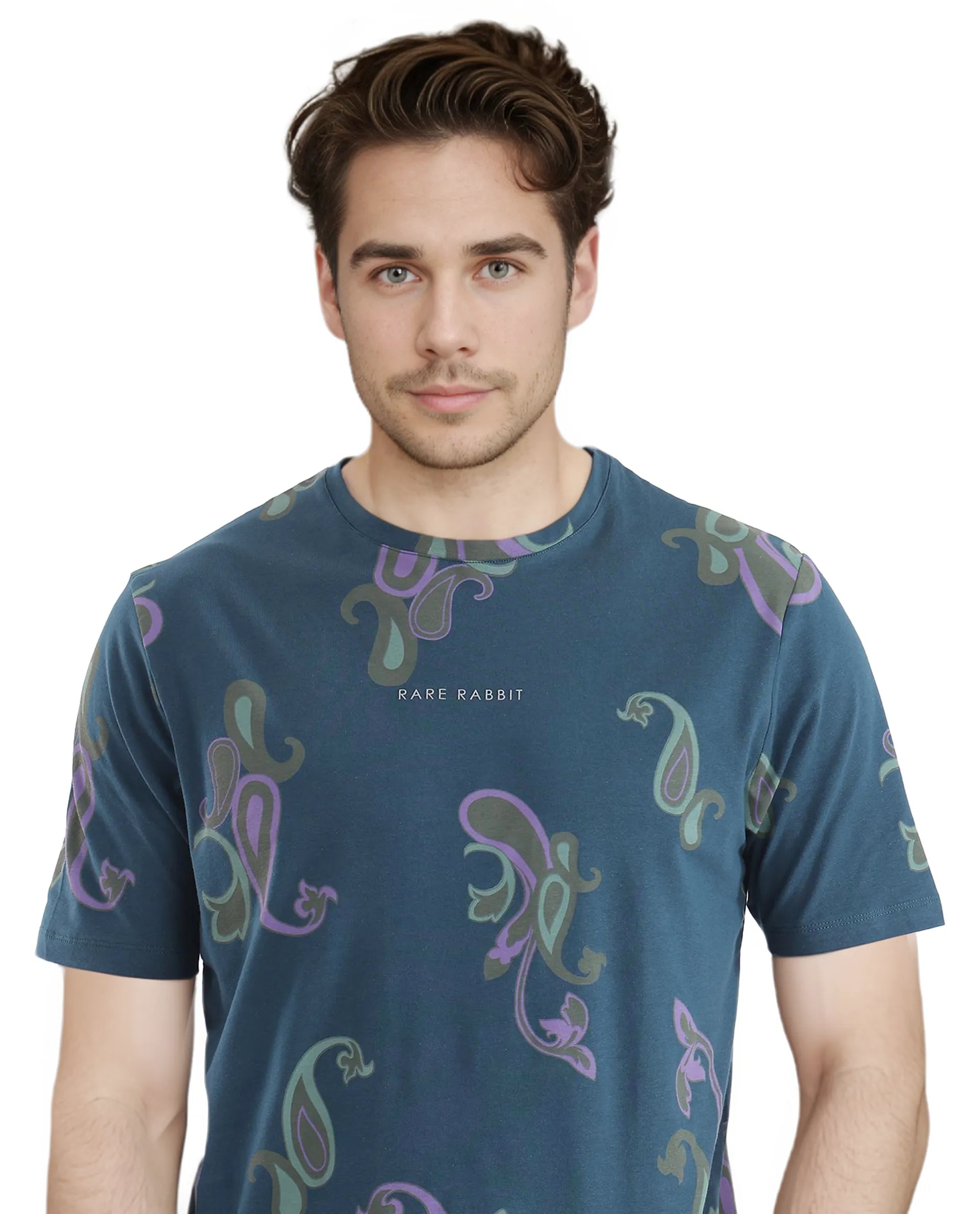 Rare Rabbit Men's Argus-1 Petrol Cotton Lycra Fabric Short Sleeve Crew Neck Graphic Print T-Shirt