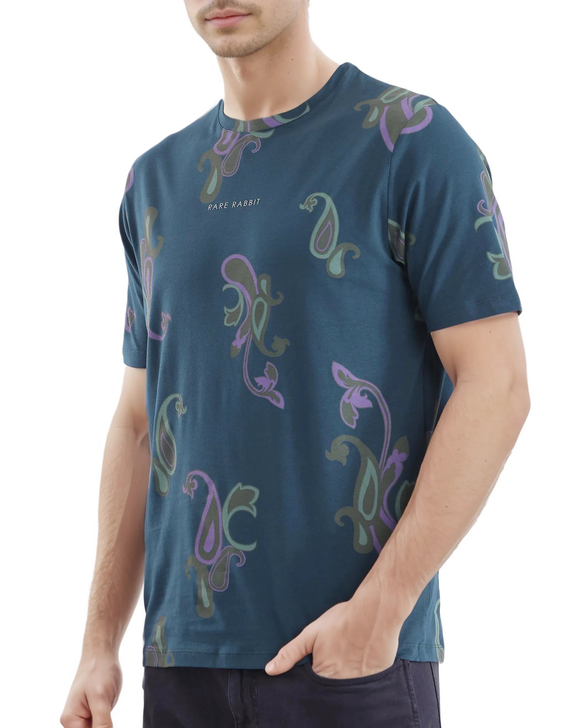 Rare Rabbit Men's Argus-1 Petrol Cotton Lycra Fabric Short Sleeve Crew Neck Graphic Print T-Shirt
