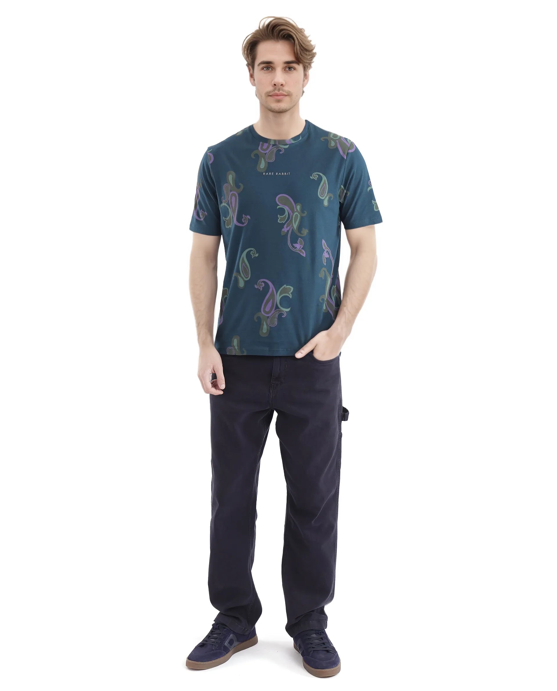 Rare Rabbit Men's Argus-1 Petrol Cotton Lycra Fabric Short Sleeve Crew Neck Graphic Print T-Shirt