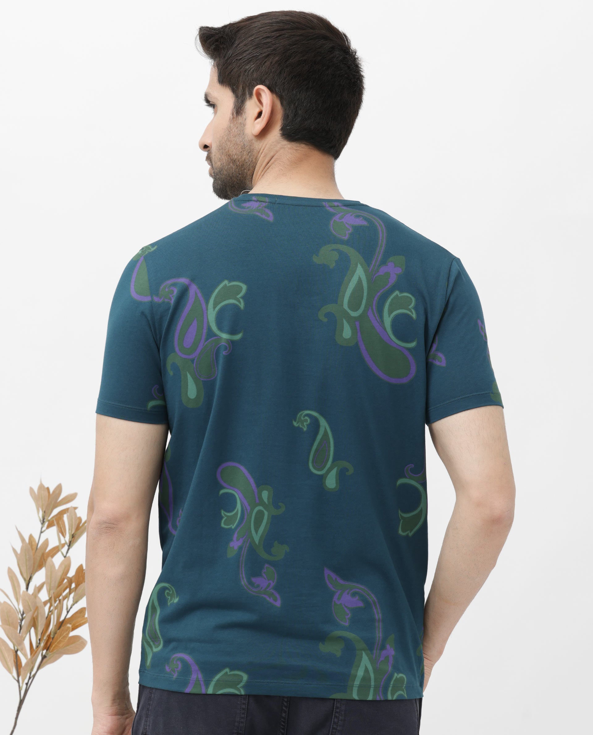 Rare Rabbit Mens Argus Petrol Short Sleeve Graphic Paisley Print T-Shirt