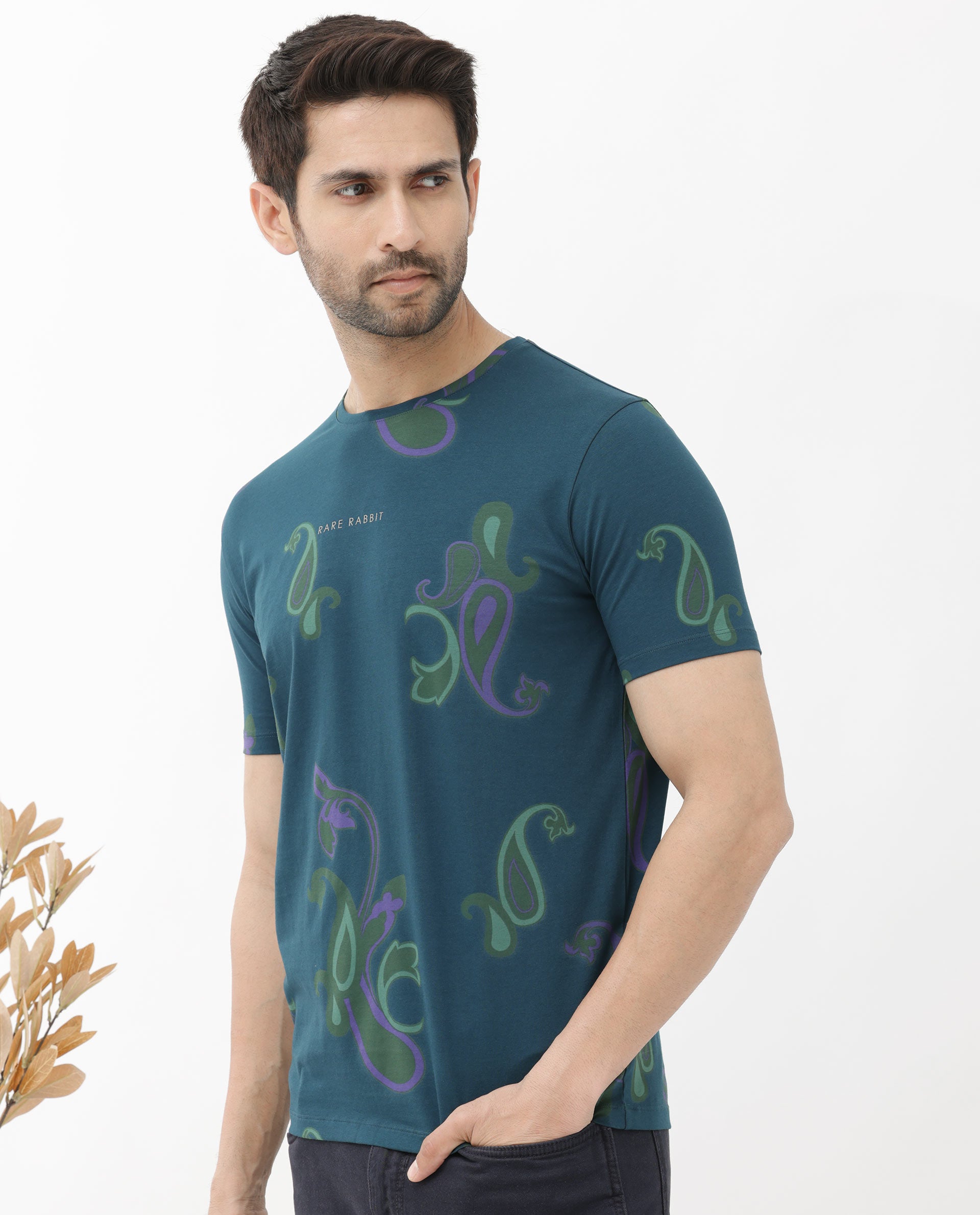Rare Rabbit Mens Argus Petrol Short Sleeve Graphic Paisley Print T-Shirt