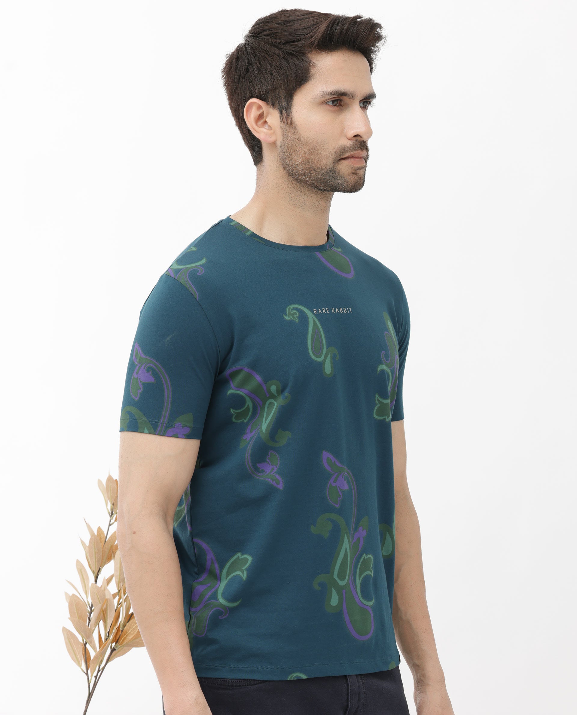 Rare Rabbit Mens Argus Petrol Short Sleeve Graphic Paisley Print T-Shirt