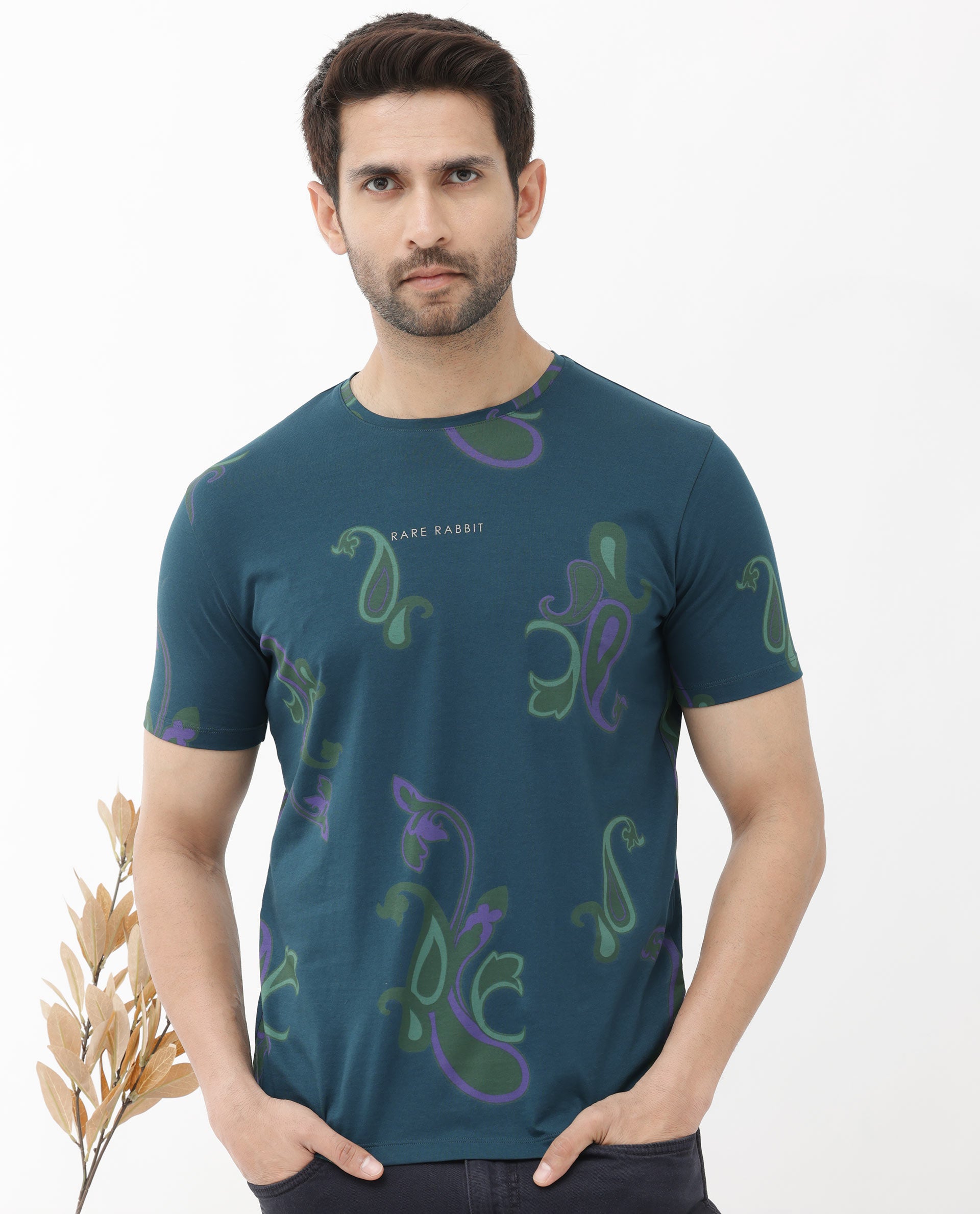Rare Rabbit Mens Argus Petrol Short Sleeve Graphic Paisley Print T-Shirt