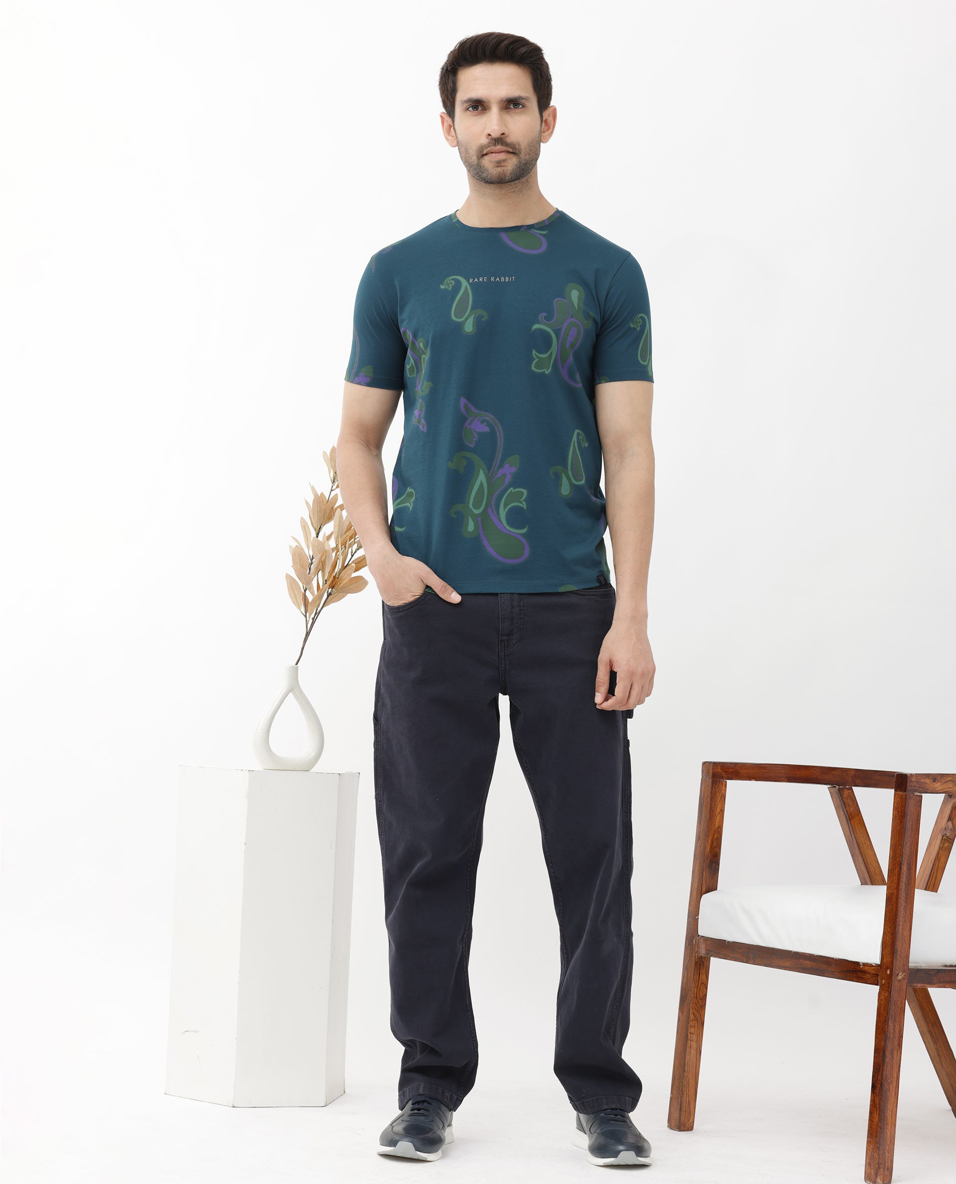 Rare Rabbit Mens Argus Petrol Short Sleeve Graphic Paisley Print T-Shirt