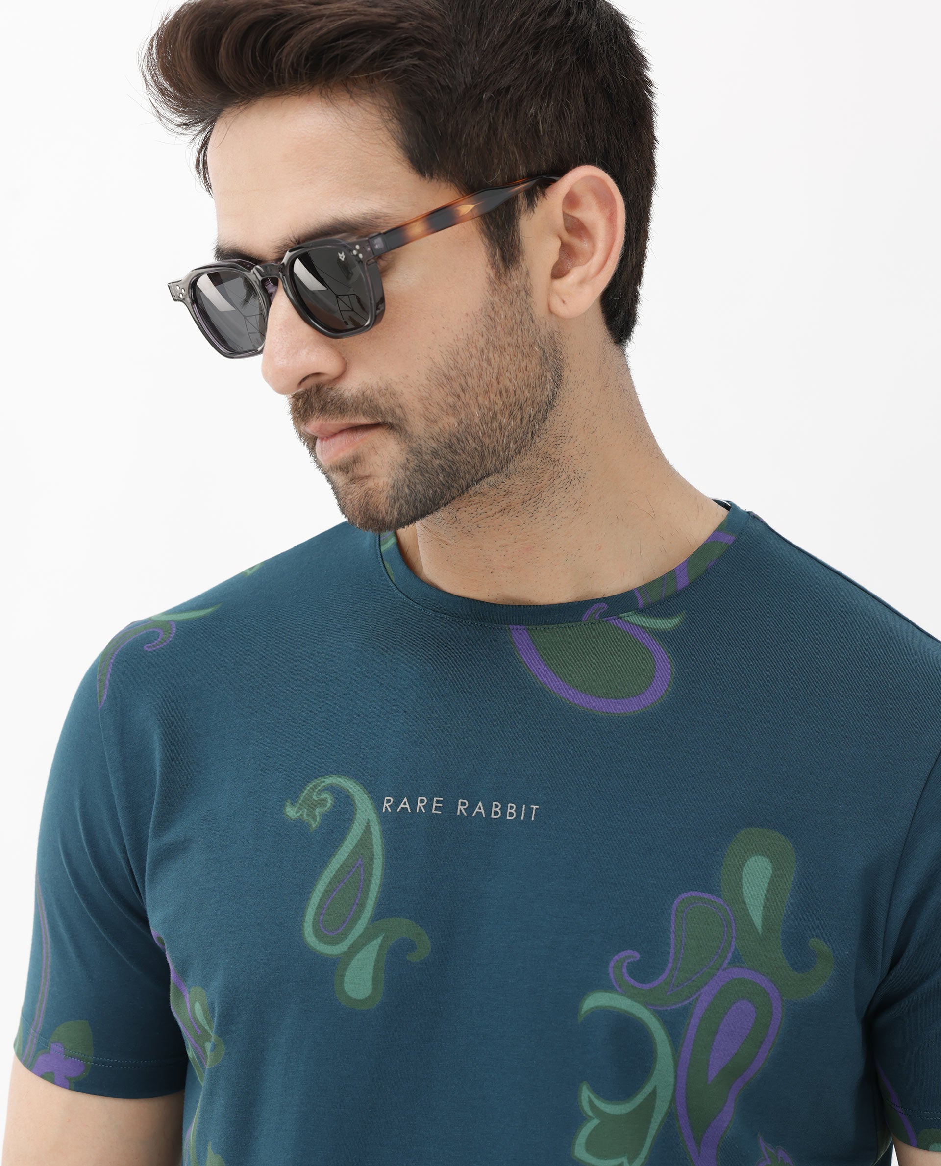 Rare Rabbit Mens Argus Petrol Short Sleeve Graphic Paisley Print T-Shirt