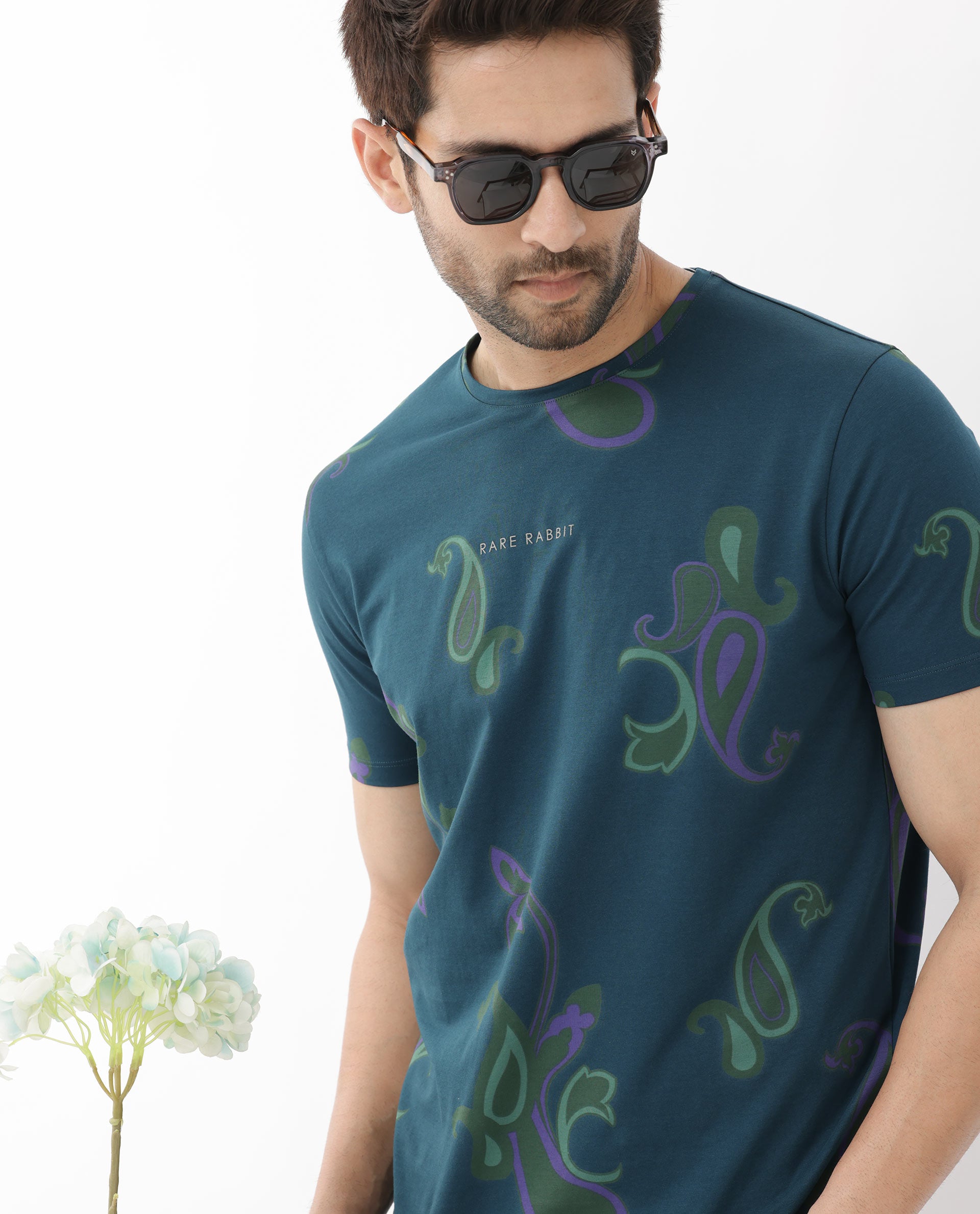 Rare Rabbit Mens Argus Petrol Short Sleeve Graphic Paisley Print T-Shirt