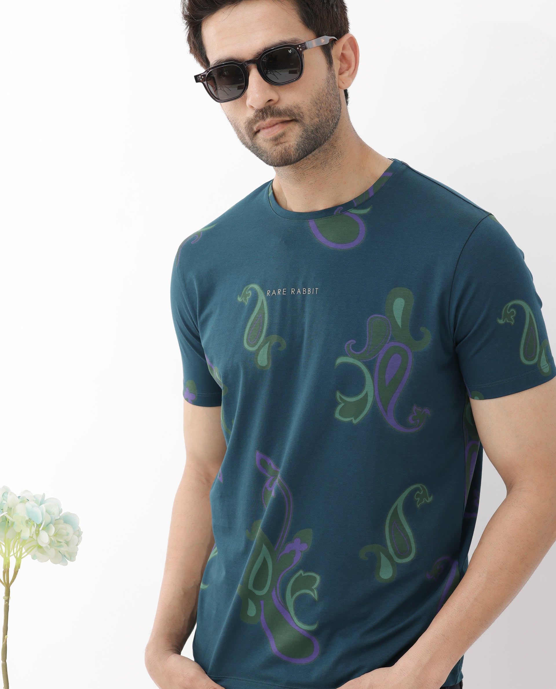 Rare Rabbit Mens Argus Petrol Short Sleeve Graphic Paisley Print T-Shirt