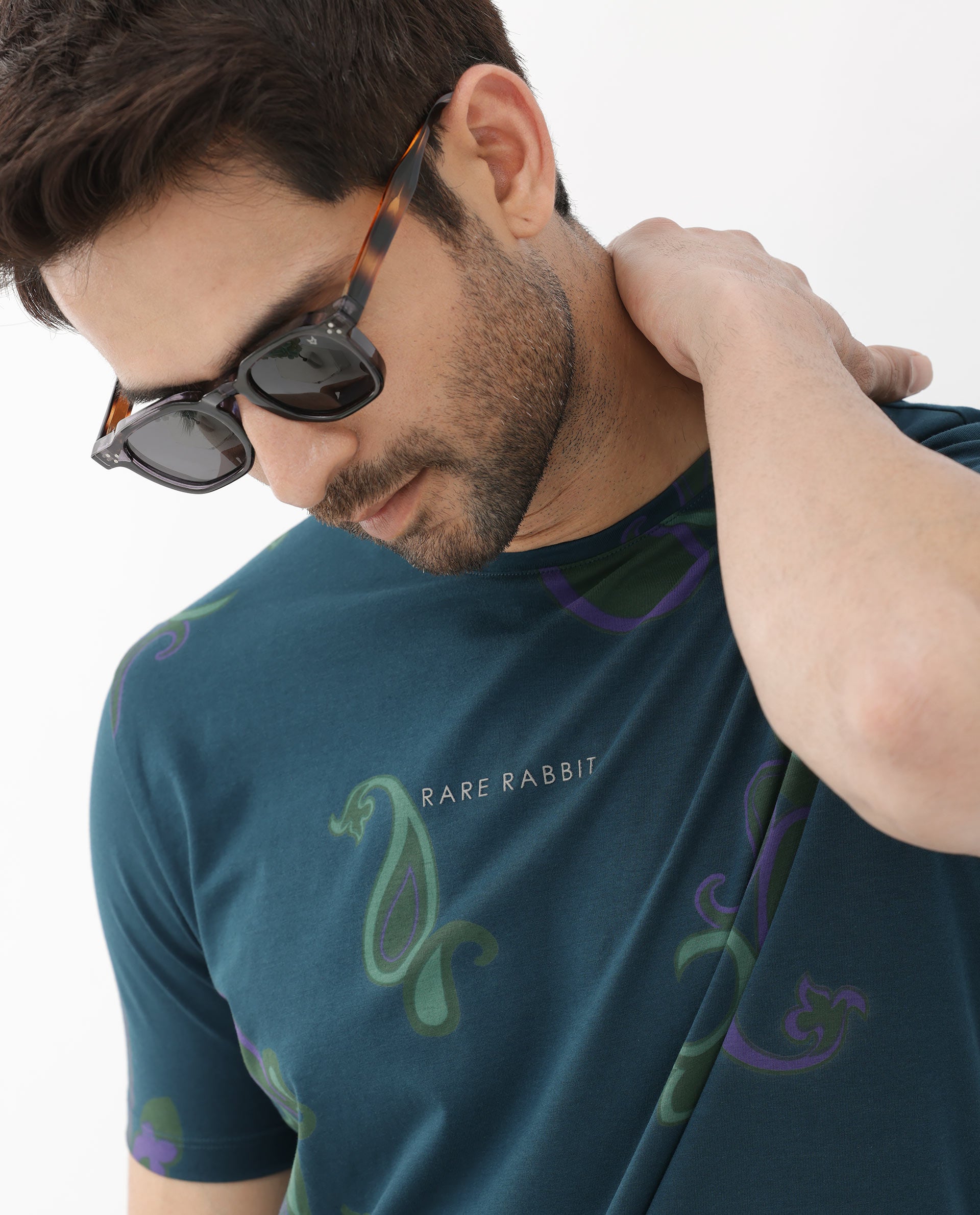 Rare Rabbit Mens Argus Petrol Short Sleeve Graphic Paisley Print T-Shirt