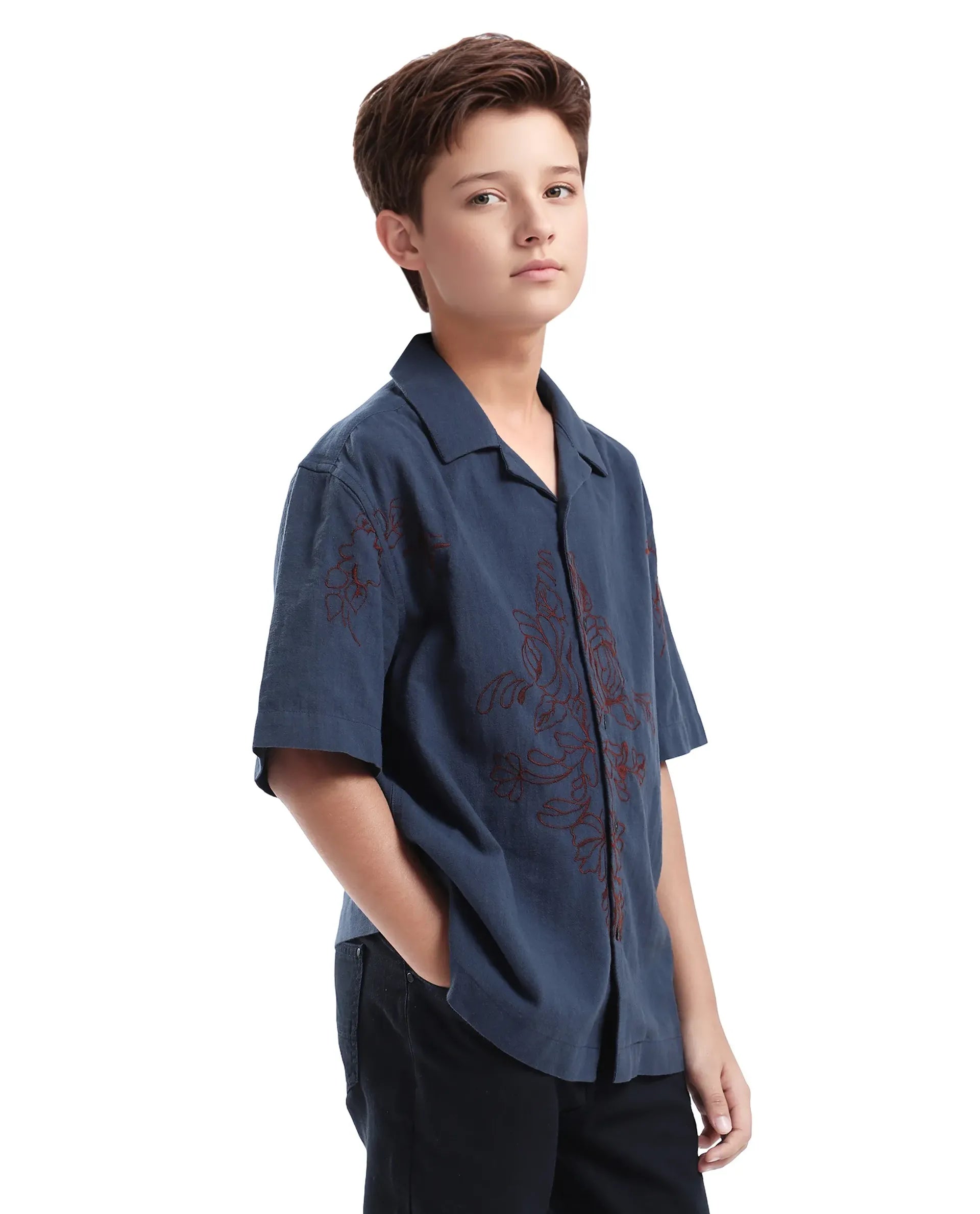 Rare Ones Kids Aria Dusky Blue Cotton Blend Half Sleeve Embroidered Button Closure Regular Fit Shirt