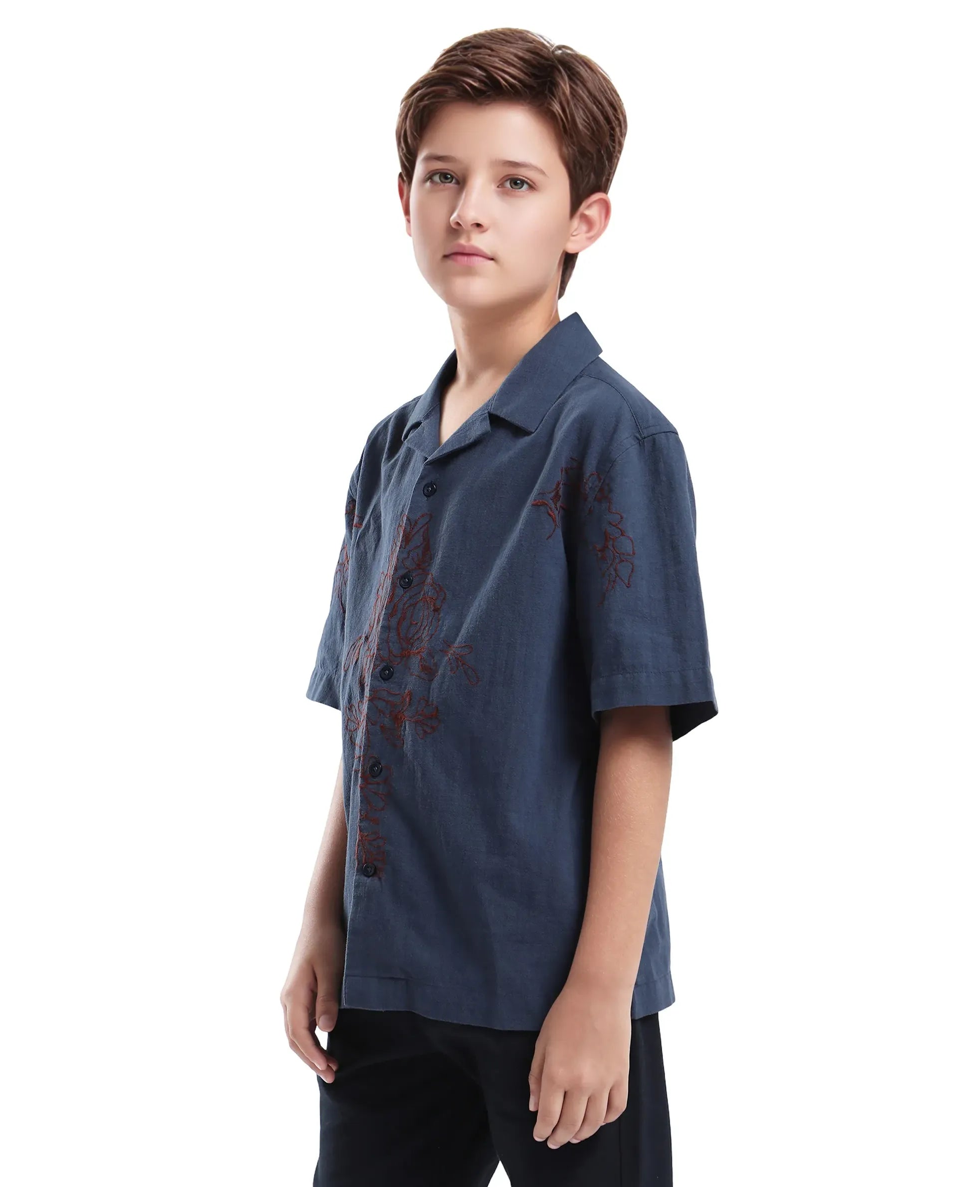 Rare Ones Kids Aria Dusky Blue Cotton Blend Half Sleeve Embroidered Button Closure Regular Fit Shirt