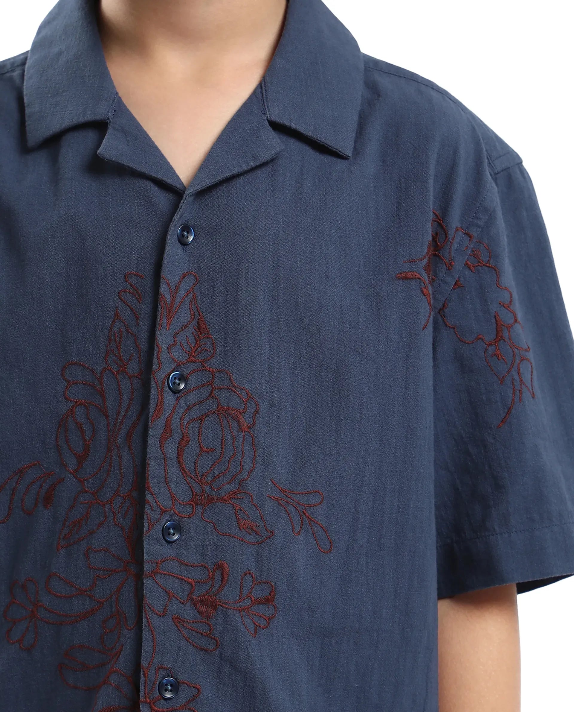 Rare Ones Kids Aria Dusky Blue Cotton Blend Half Sleeve Embroidered Button Closure Regular Fit Shirt