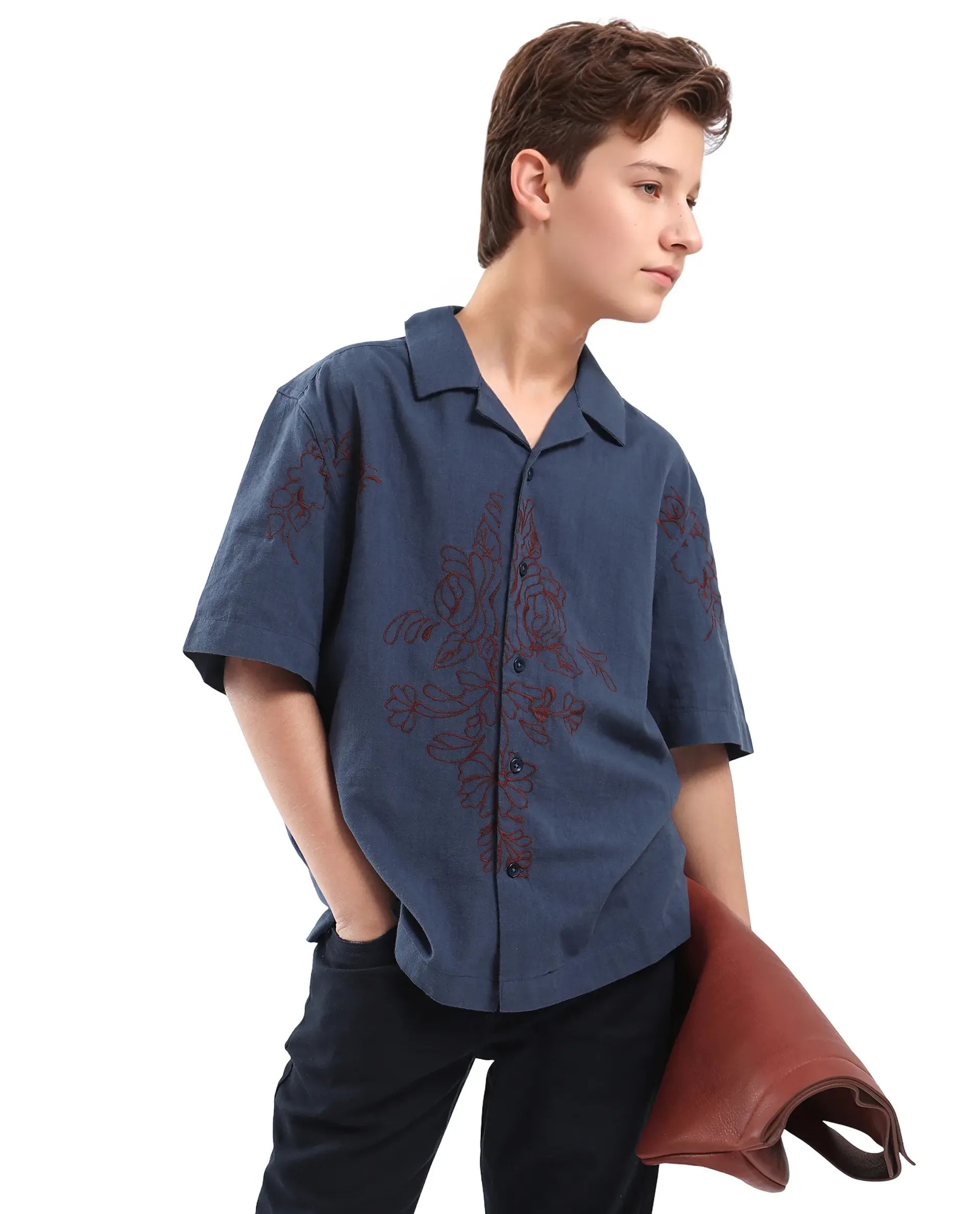 Rare Ones Kids Aria Dusky Blue Cotton Blend Half Sleeve Embroidered Button Closure Regular Fit Shirt