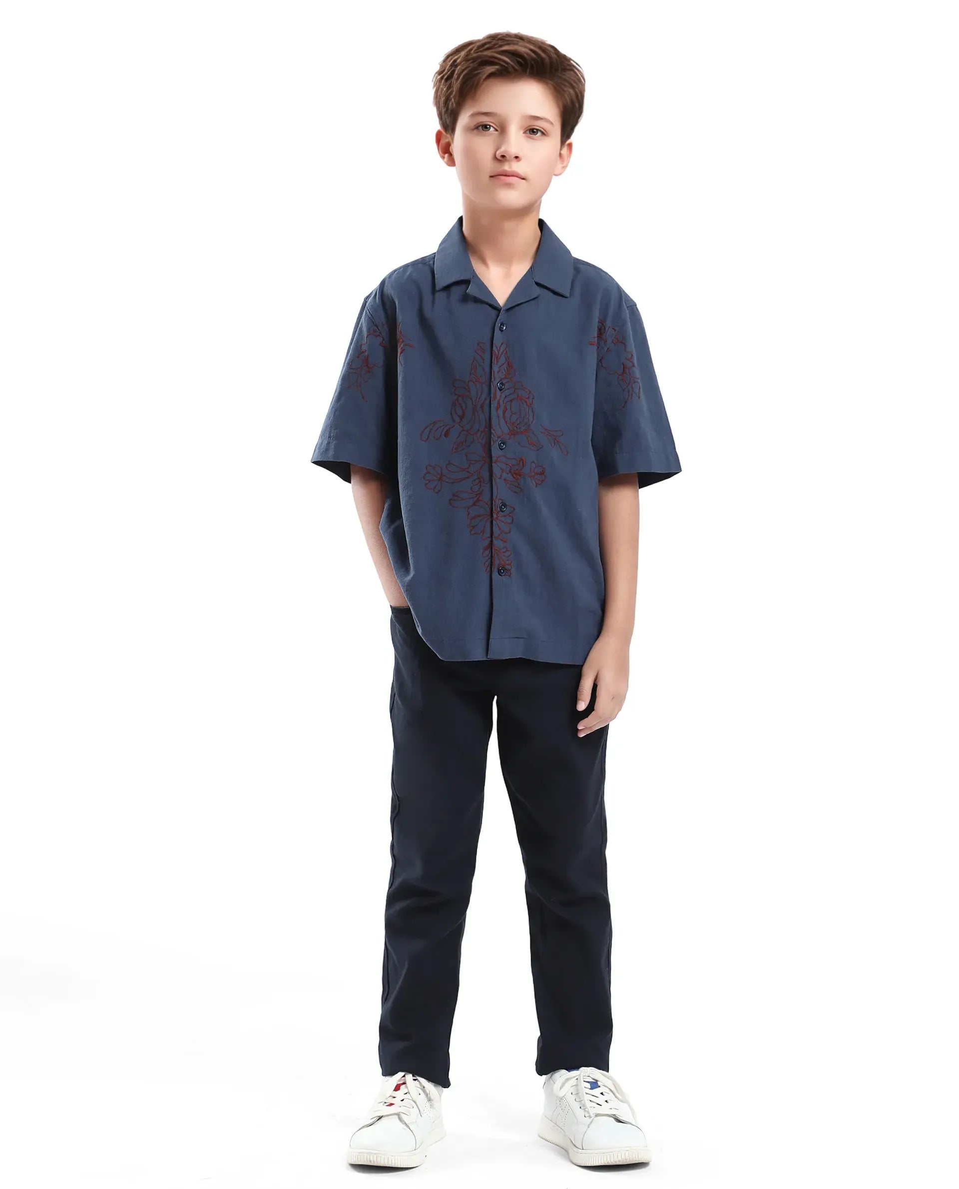 Rare Ones Kids Aria Dusky Blue Cotton Blend Half Sleeve Embroidered Button Closure Regular Fit Shirt