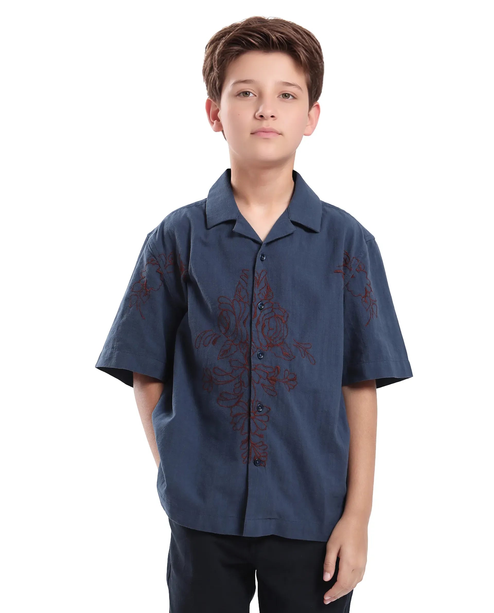 Rare Ones Kids Aria Dusky Blue Cotton Blend Half Sleeve Embroidered Button Closure Regular Fit Shirt
