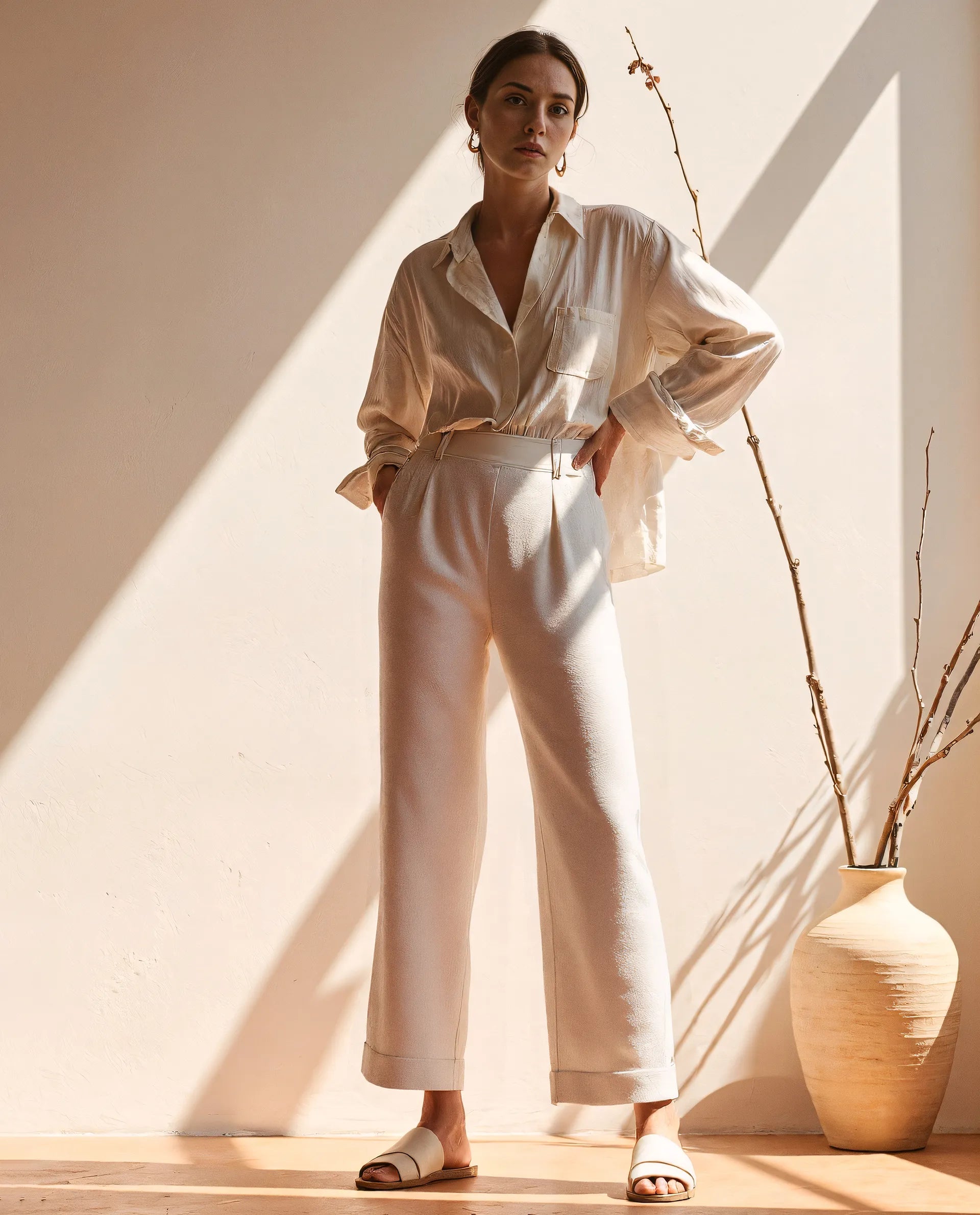 Rareism Women's Arid White Cotton Blend Plain Ankle Length Wide Trouser