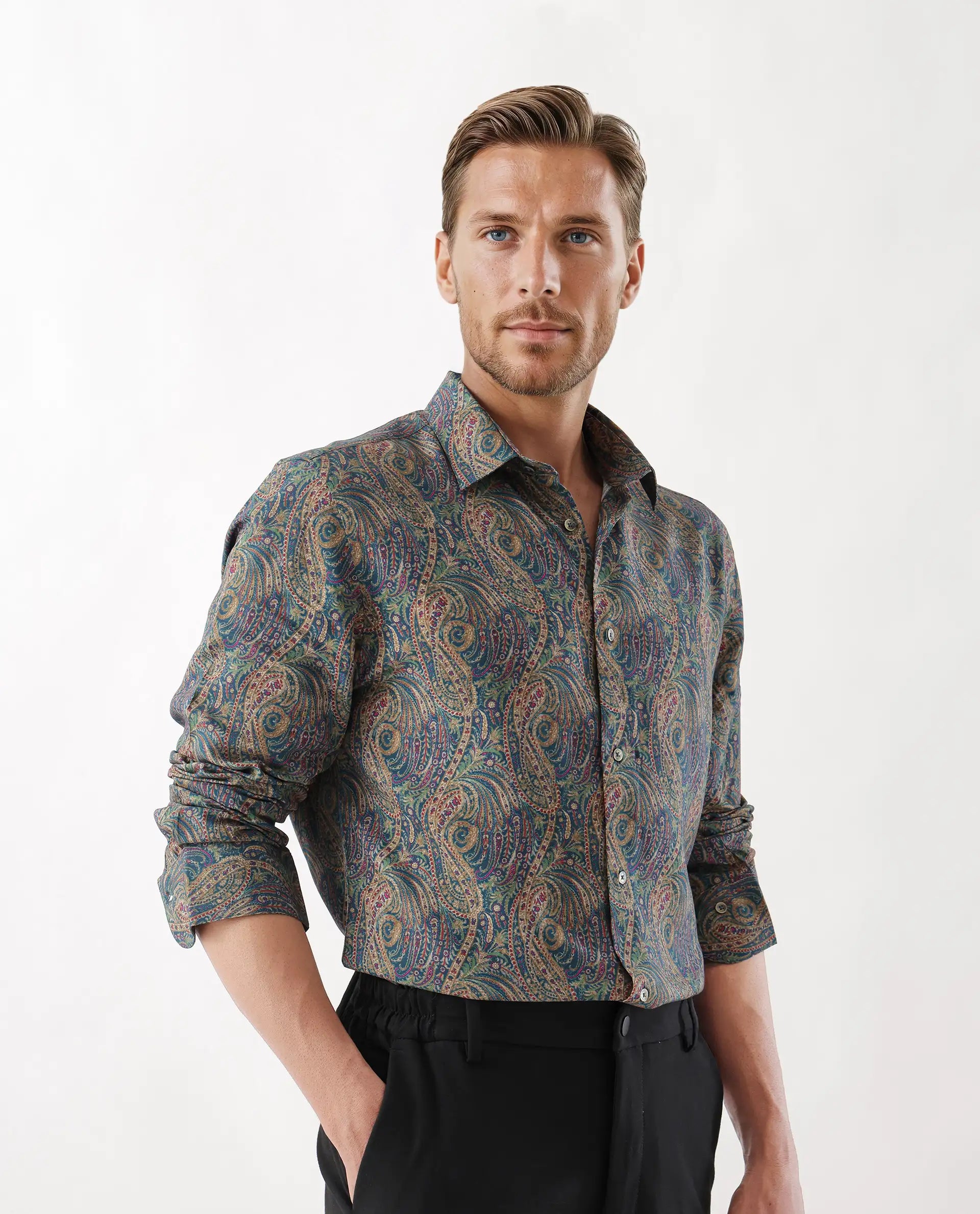 Rare Rabbit Men's Arieal Blue Viscose Blend Paisley Print Regular Fit Full Sleeve Collared Shirt