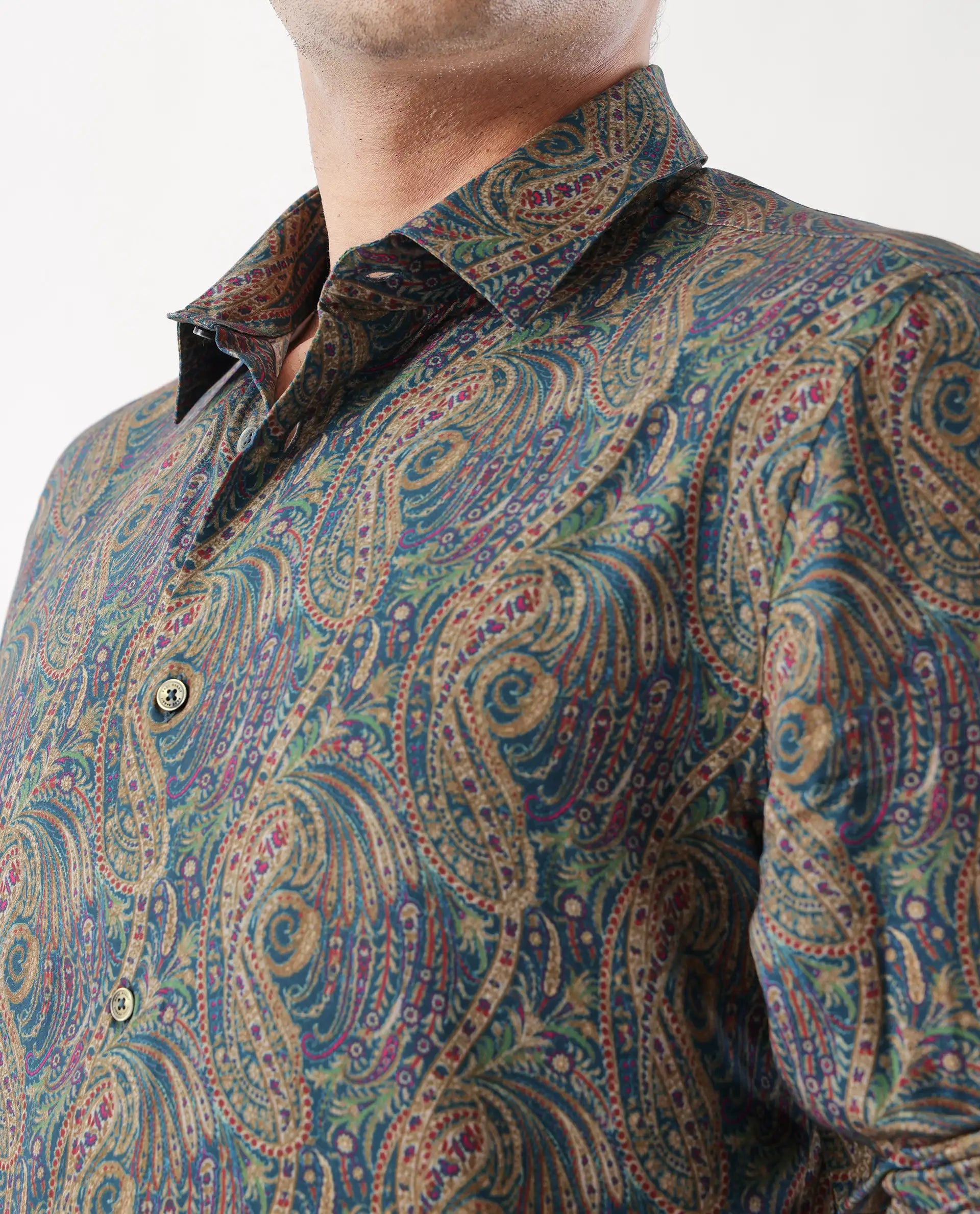 Rare Rabbit Men's Arieal Blue Viscose Blend Paisley Print Regular Fit Full Sleeve Collared Shirt