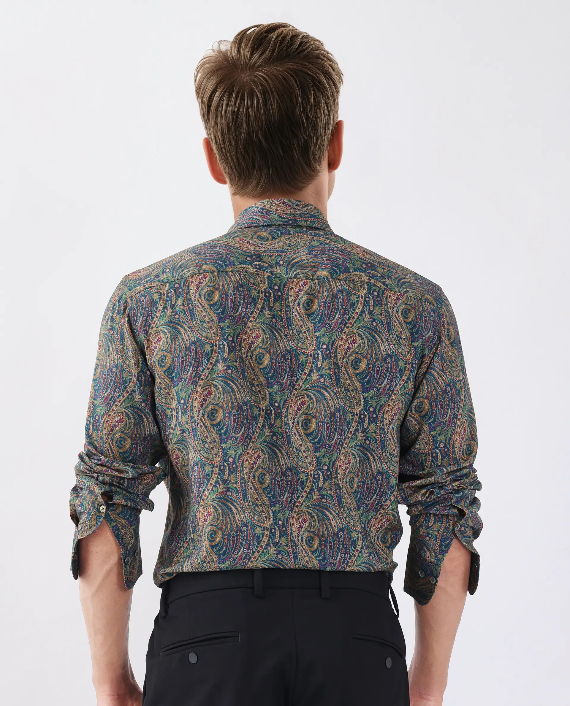 Rare Rabbit Men's Arieal Blue Viscose Blend Paisley Print Regular Fit Full Sleeve Collared Shirt