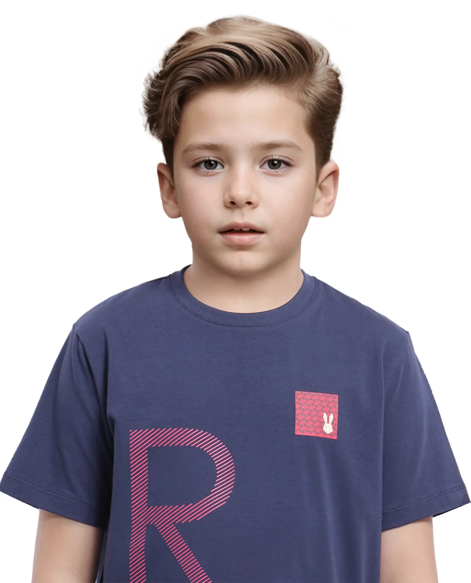 Rare Ones Kids Arie Navy Cotton Short Sleeve Crew Neck Transfer Print With Twill Texture T-Shirt