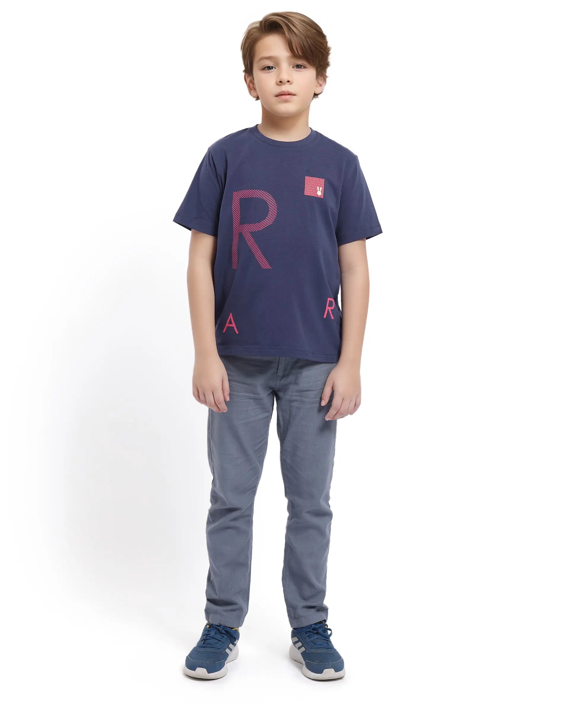 Rare Ones Kids Arie Navy Cotton Short Sleeve Crew Neck Transfer Print With Twill Texture T-Shirt