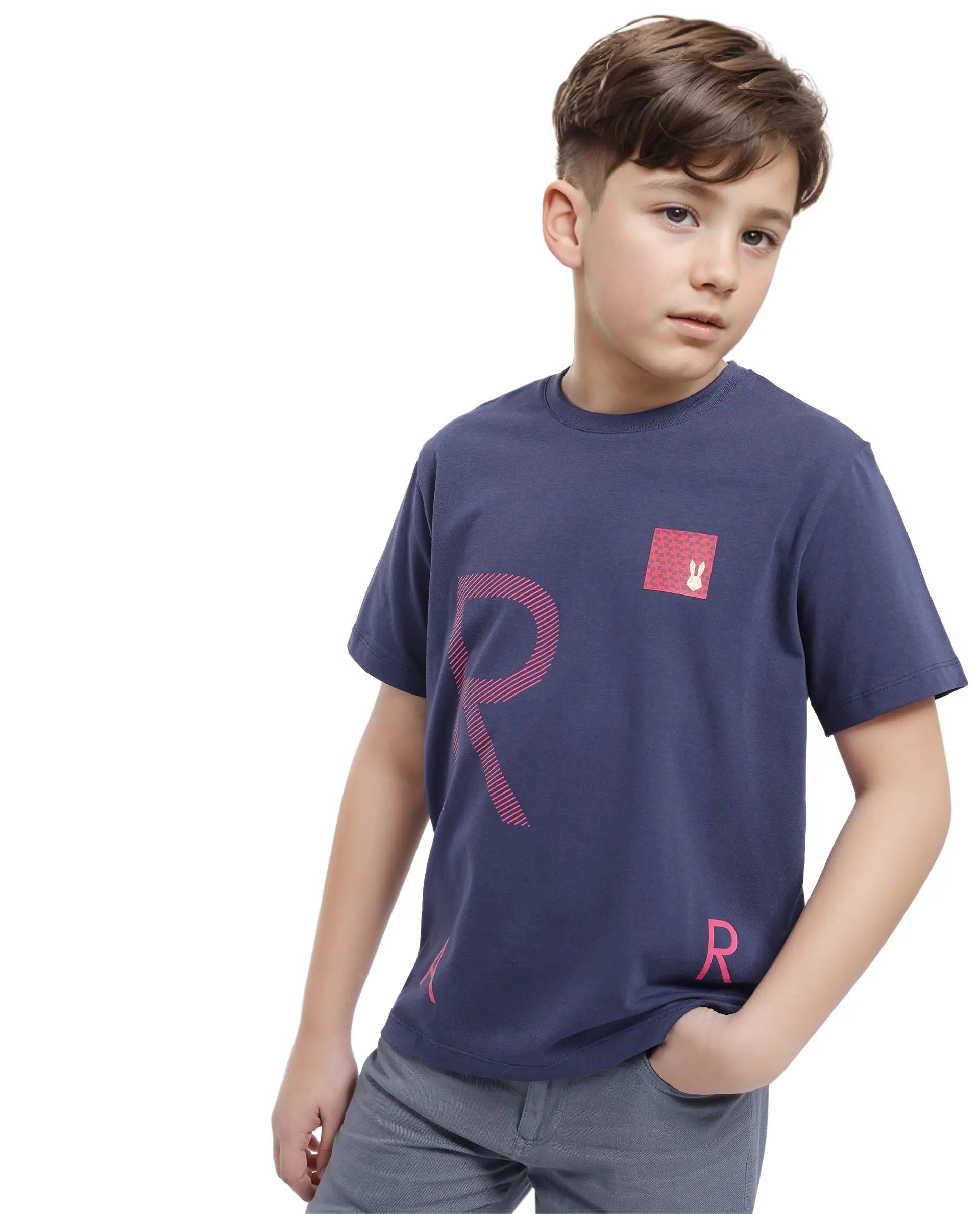 Rare Ones Kids Arie Navy Cotton Short Sleeve Crew Neck Transfer Print With Twill Texture T-Shirt