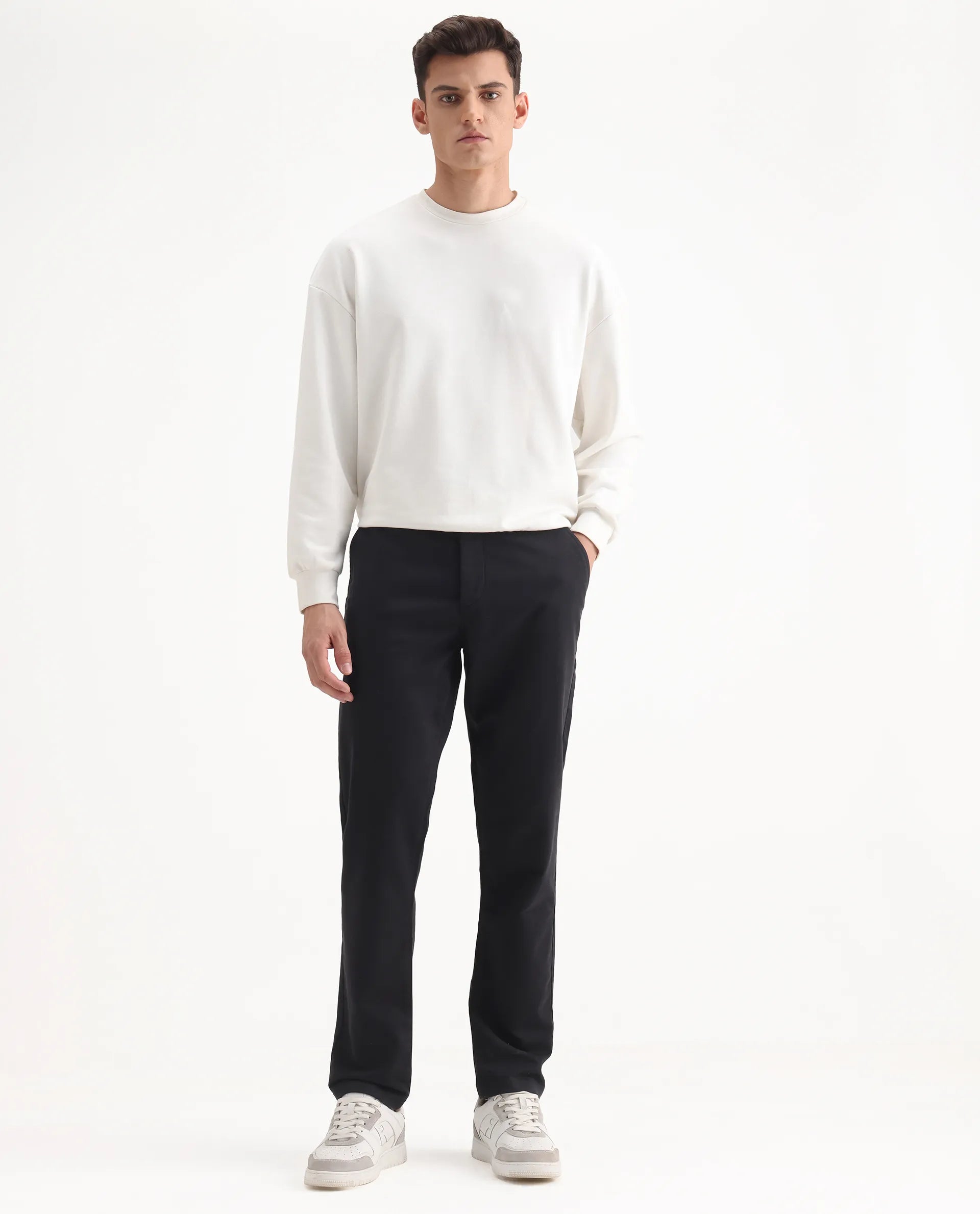Rare Rabbit Men's Aries Black Cotton Blend Plain Regular Fit Trouser