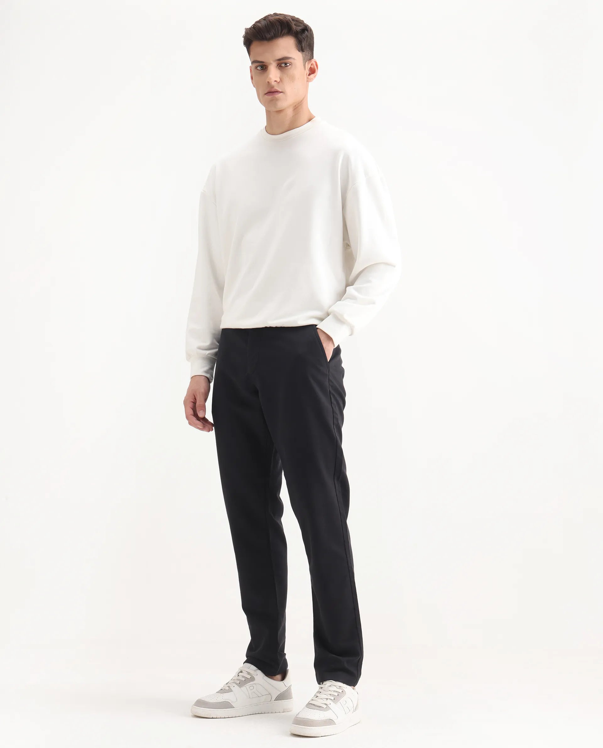Rare Rabbit Men's Aries Black Cotton Blend Plain Regular Fit Trouser