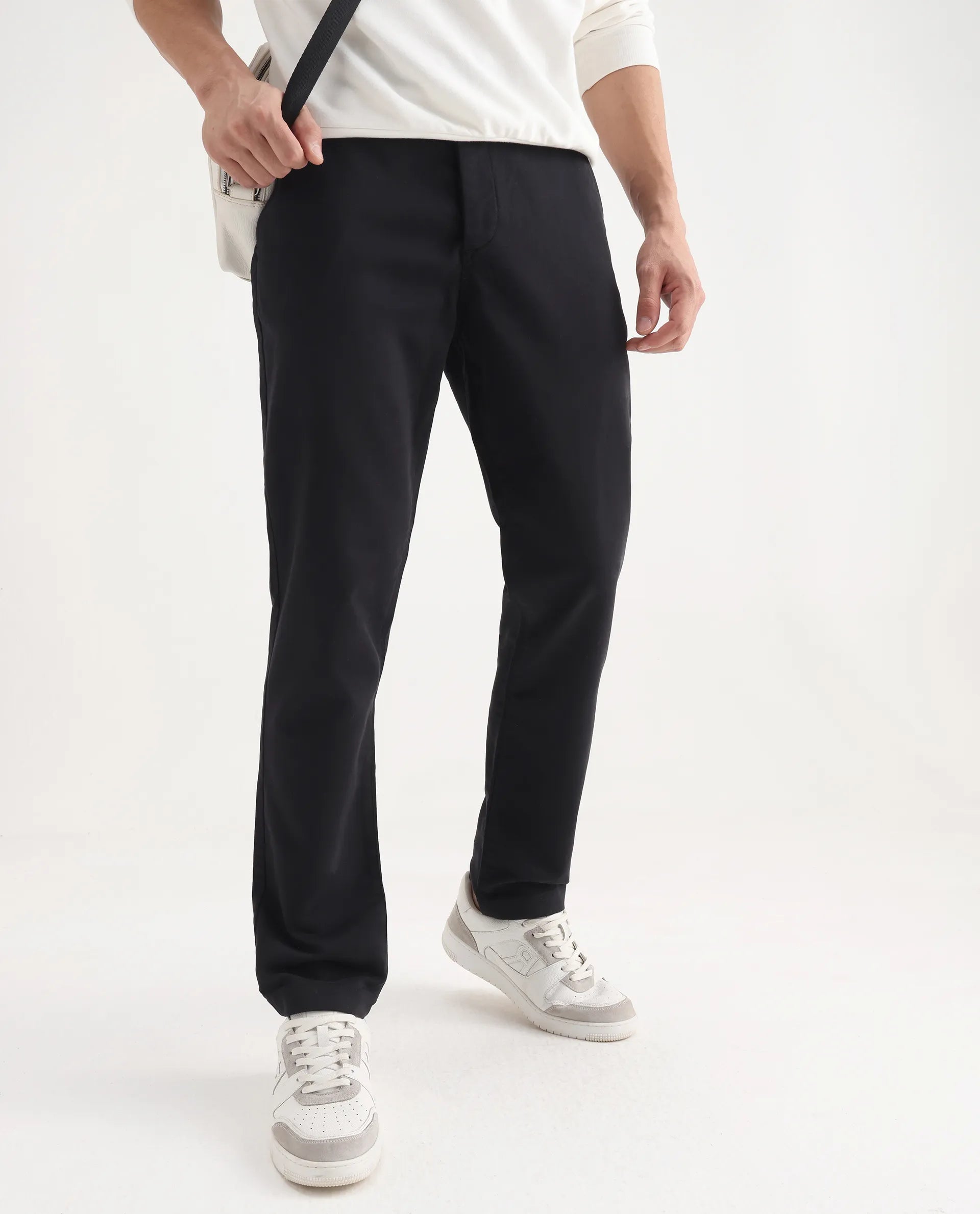 Rare Rabbit Men's Aries Black Cotton Blend Plain Regular Fit Trouser