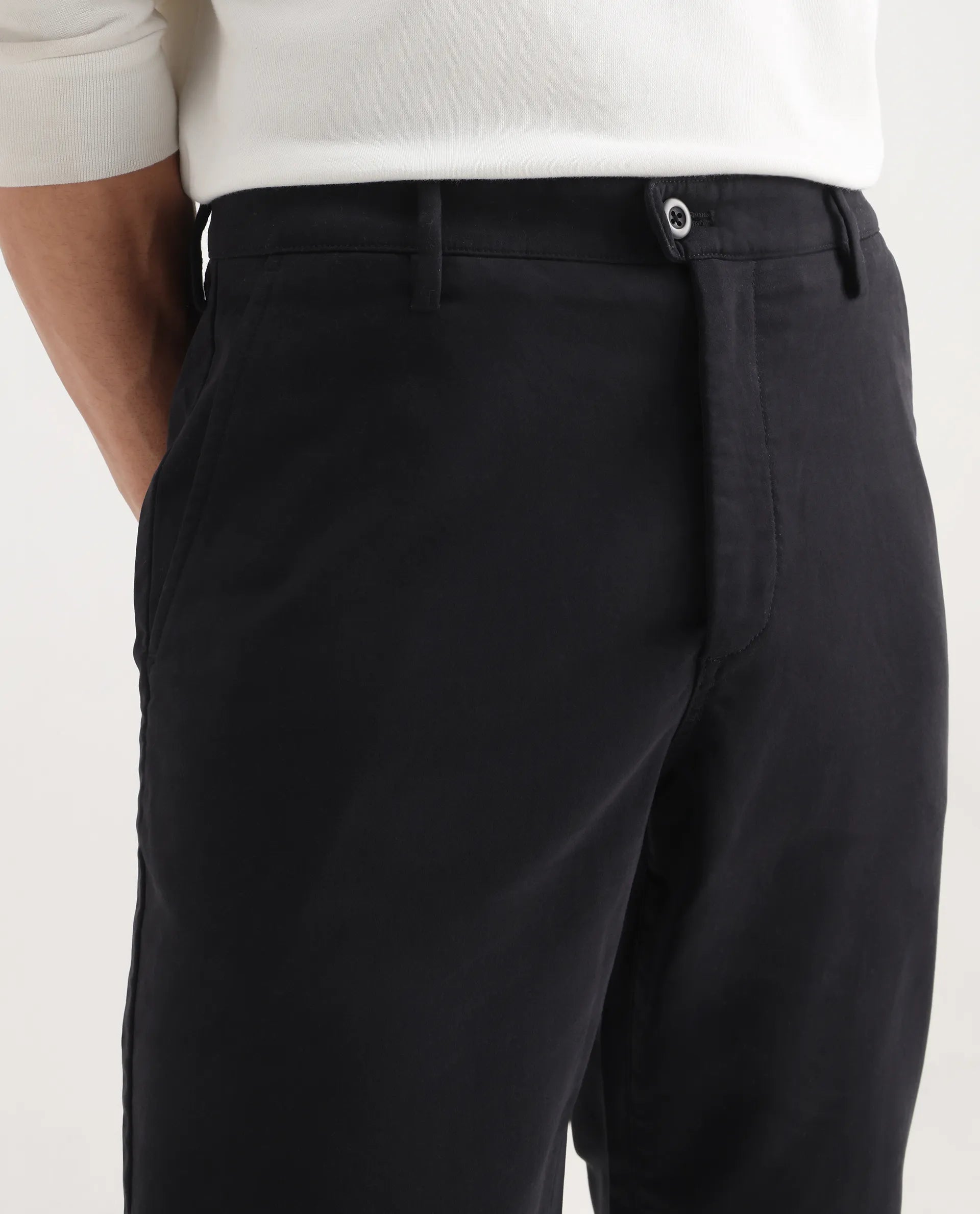 Rare Rabbit Men's Aries Black Cotton Blend Plain Regular Fit Trouser