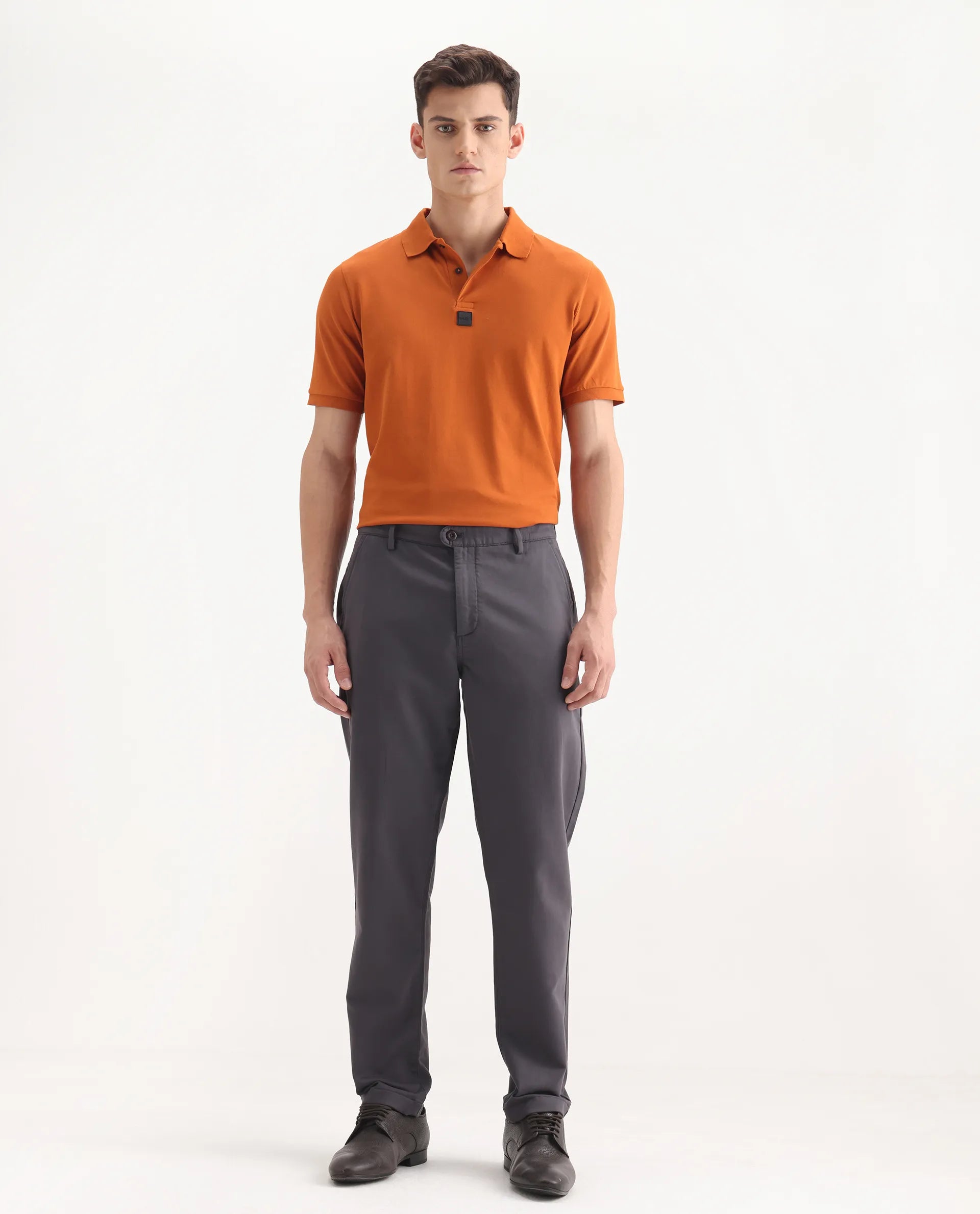 Rare Rabbit Men's Aries Dark Grey Cotton Blend Plain Regular Fit Trouser