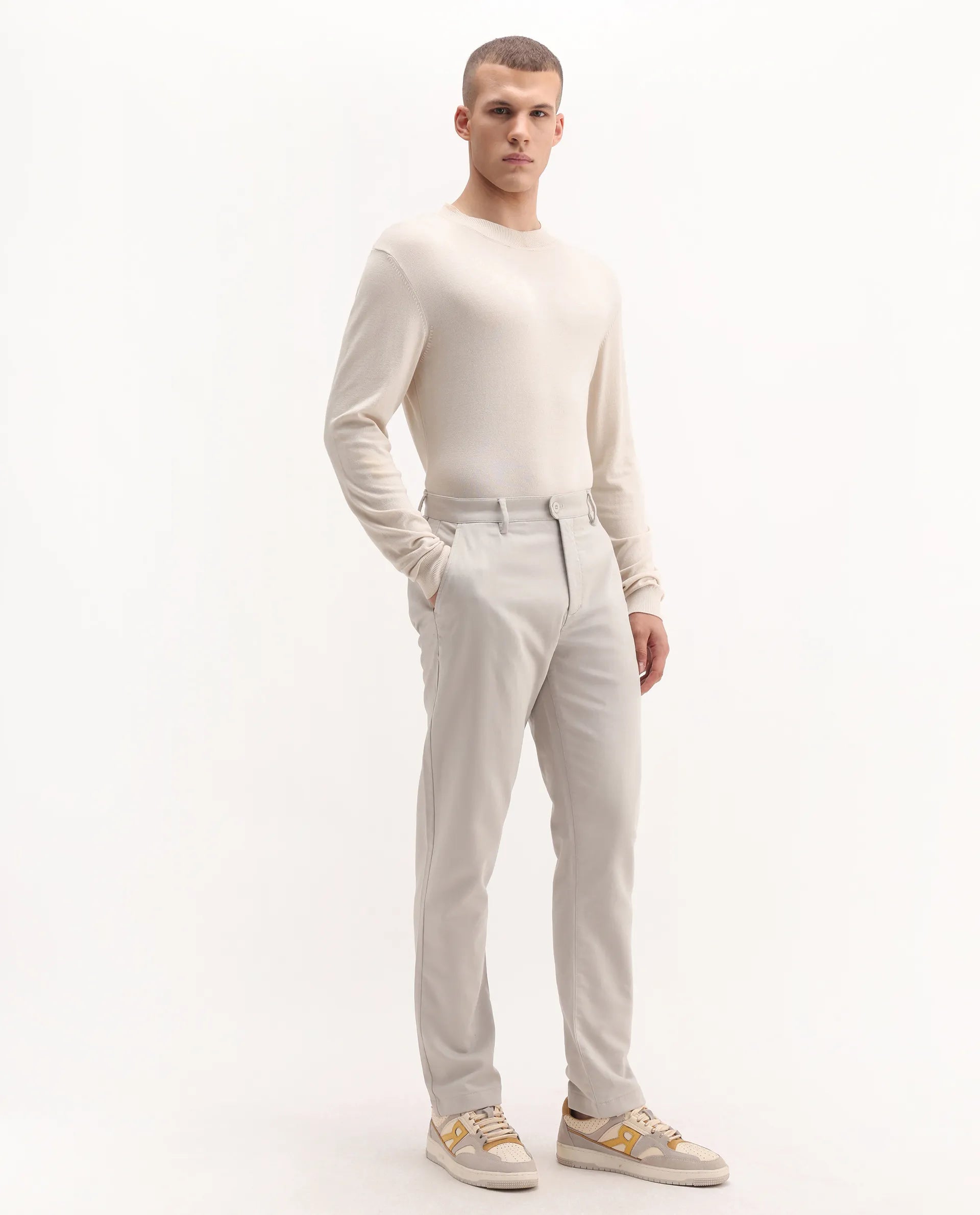 Rare Rabbit Men's Aries Light Grey Cotton Blend Plain Regular Fit Trouser