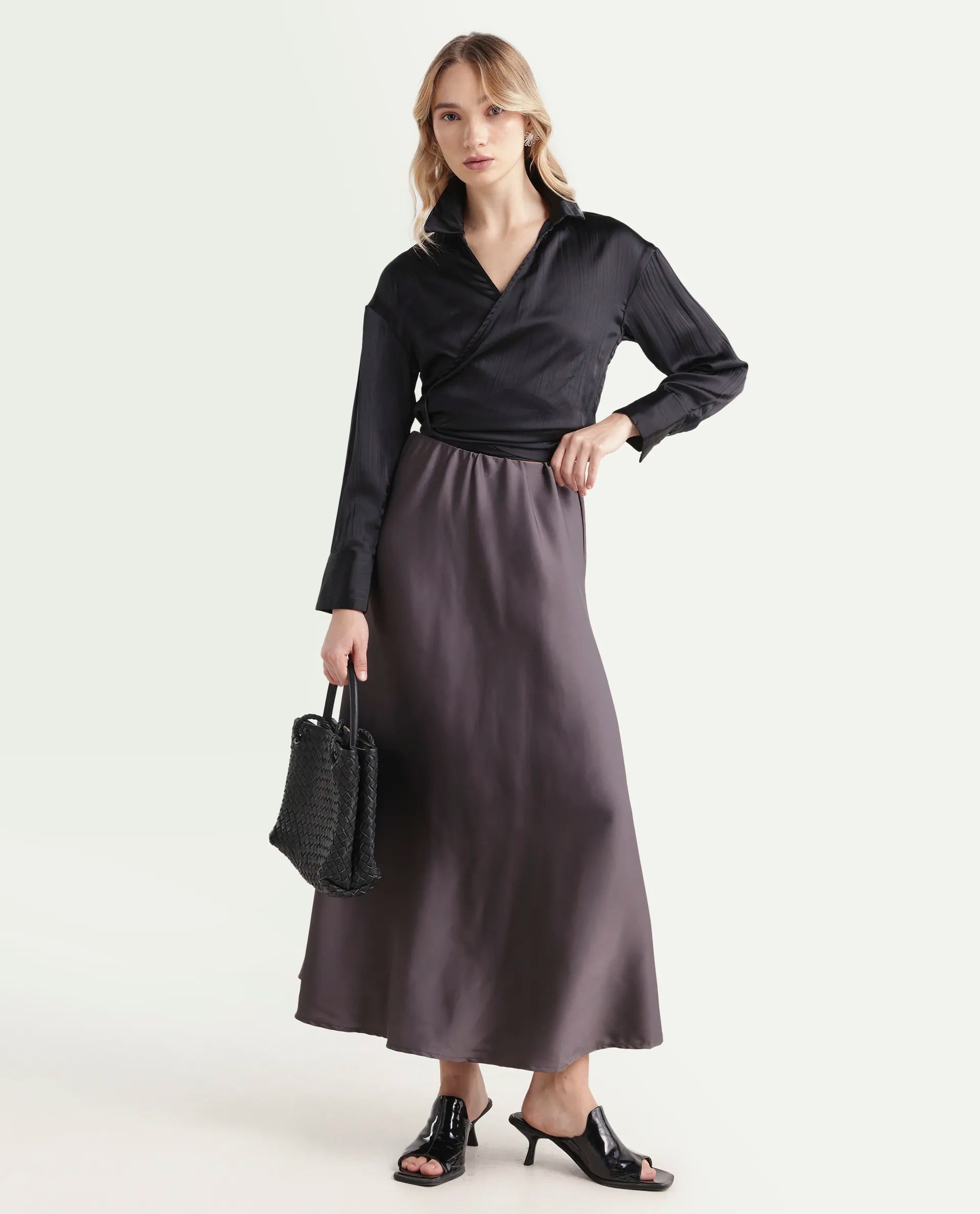 Rareism Women's Arinko Black Polyester V-Neck Plain Cuffed Sleeve Regular Fit Top