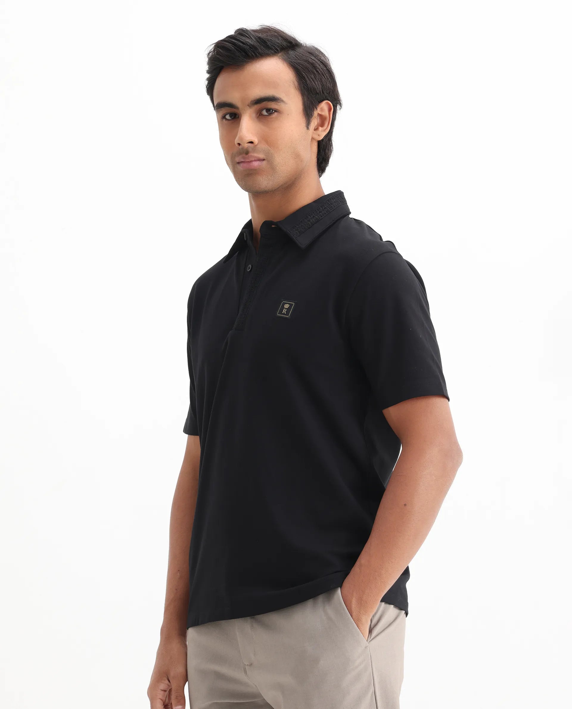 Rare Rabbit Men's Ariolo Black Cotton Blend Plain Regular Fit Half Sleeve Polo