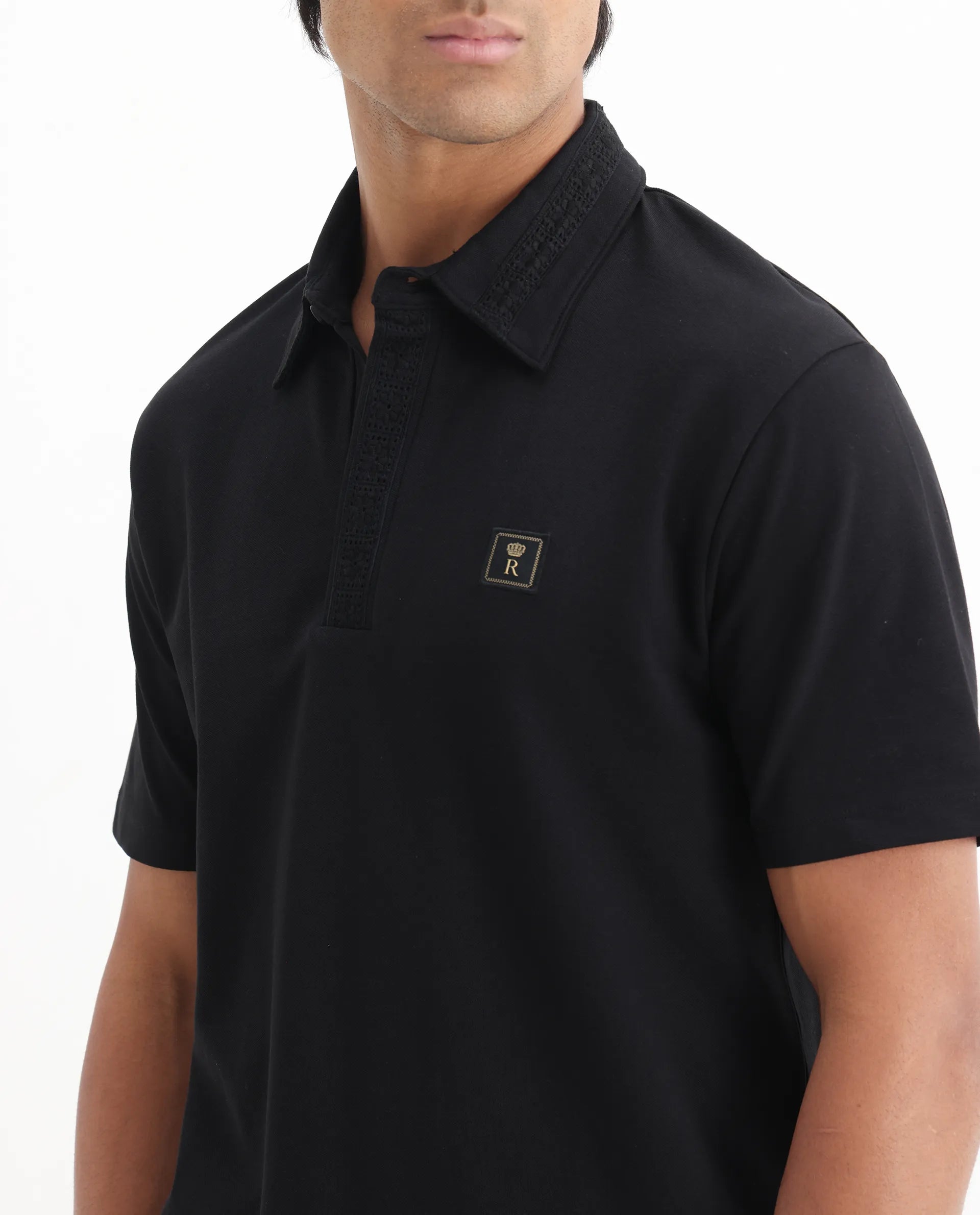 Rare Rabbit Men's Ariolo Black Cotton Blend Plain Regular Fit Half Sleeve Polo