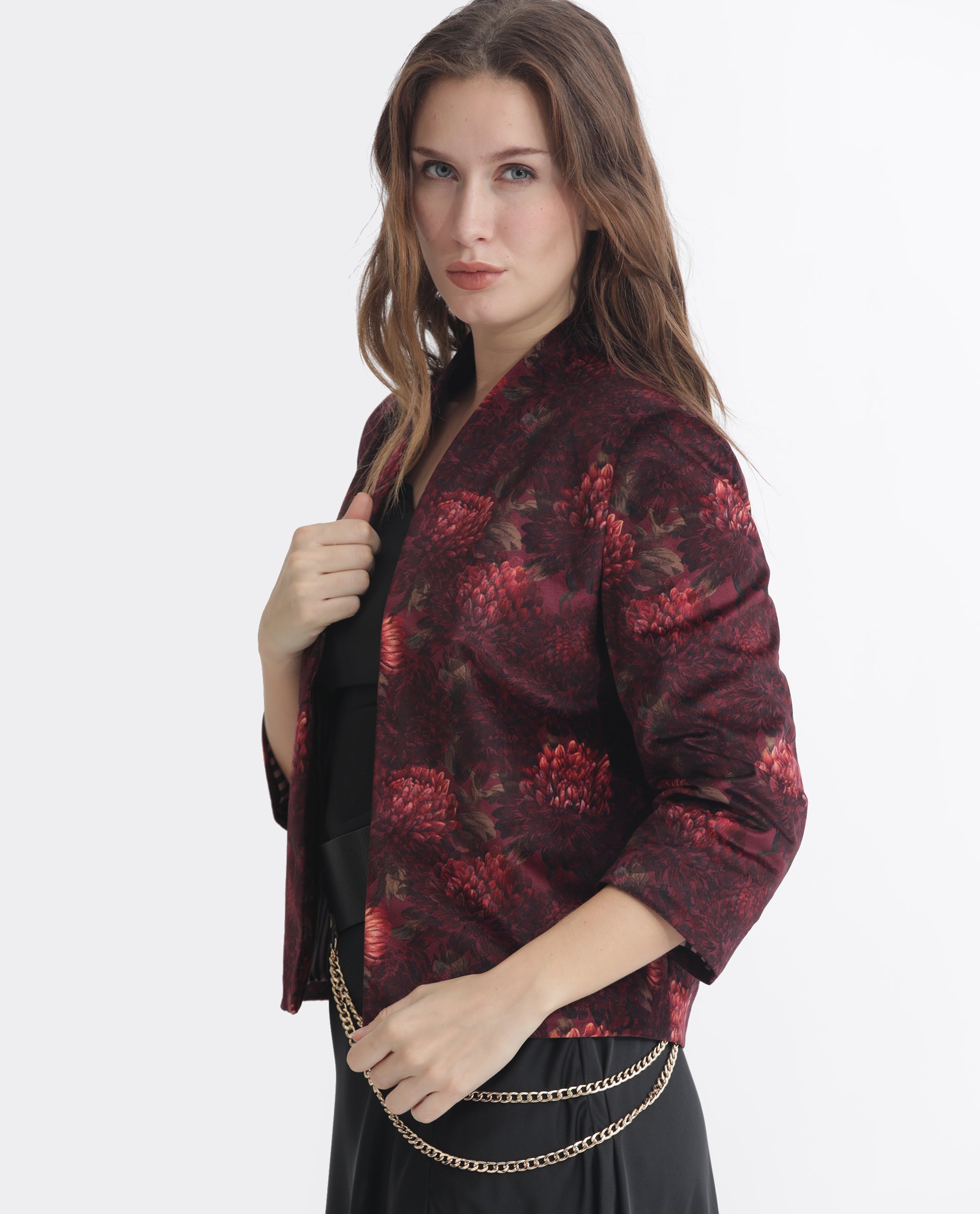 Rareism Women Arizu Maroon Velvet Fabric 3/4Th Sleeves Regular Fit Floral Print Shrug