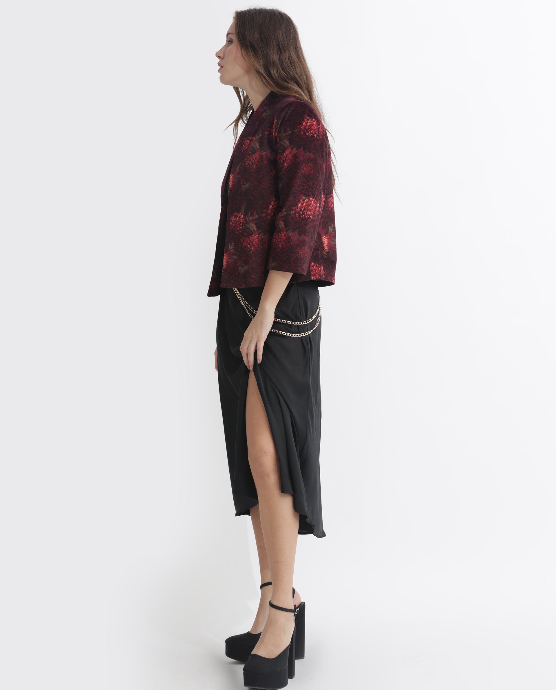 Rareism Women Arizu Maroon Velvet Fabric 3/4Th Sleeves Regular Fit Floral Print Shrug